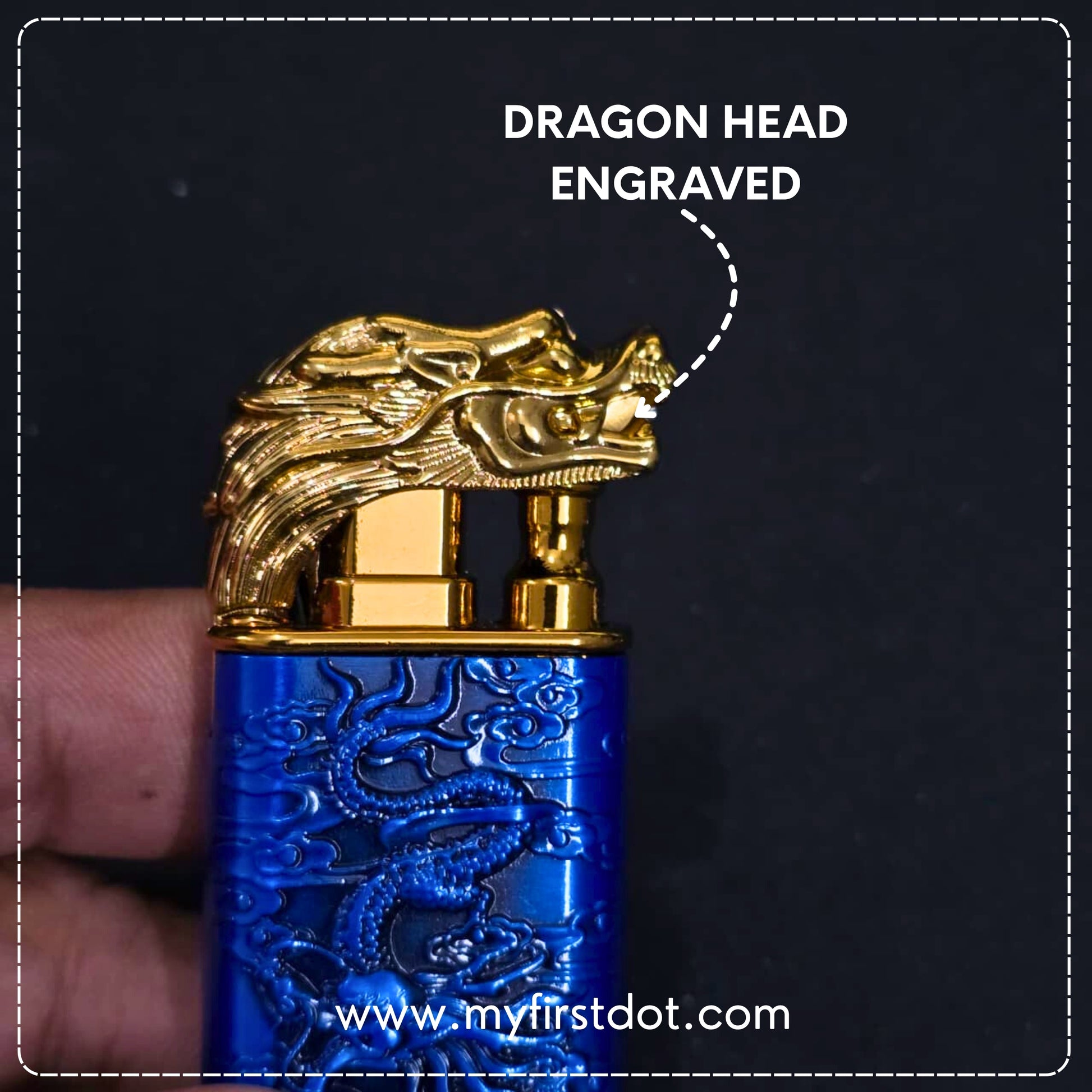 Blue lighter with gold dragon head design, held by a hand against a dark background.