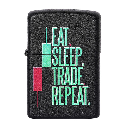 Black lighter with 'I Eat. Sleep. Trade. Repeat.' text and colorful design on a white background Eat Sleep Trade Repeat Candle Premium Refillable Cigarette Lighter