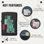 Lighter with text 'Eat Sleep Trade Repeat' and key features highlighted on a white background Eat Sleep Trade Repeat Candle Premium Refillable Cigarette Lighter
