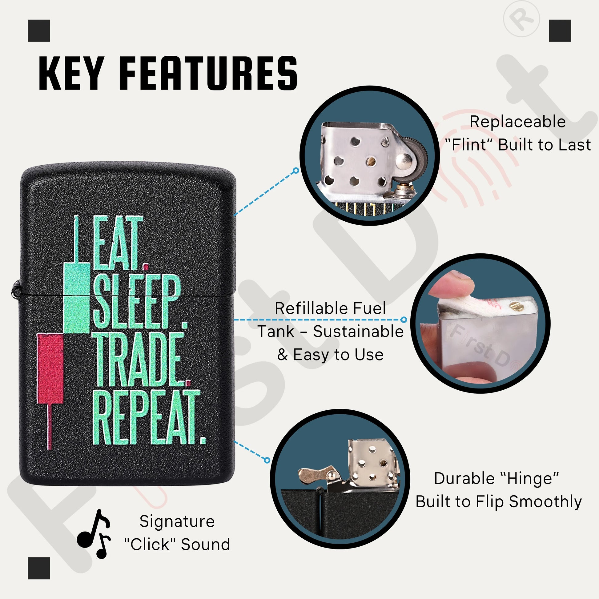 Lighter with text 'Eat Sleep Trade Repeat' and key features highlighted on a white background Eat Sleep Trade Repeat Candle Premium Refillable Cigarette Lighter