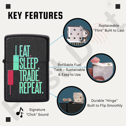 Lighter with text 'Eat Sleep Trade Repeat' and key features highlighted on a white background Eat Sleep Trade Repeat Candle Premium Refillable Cigarette Lighter