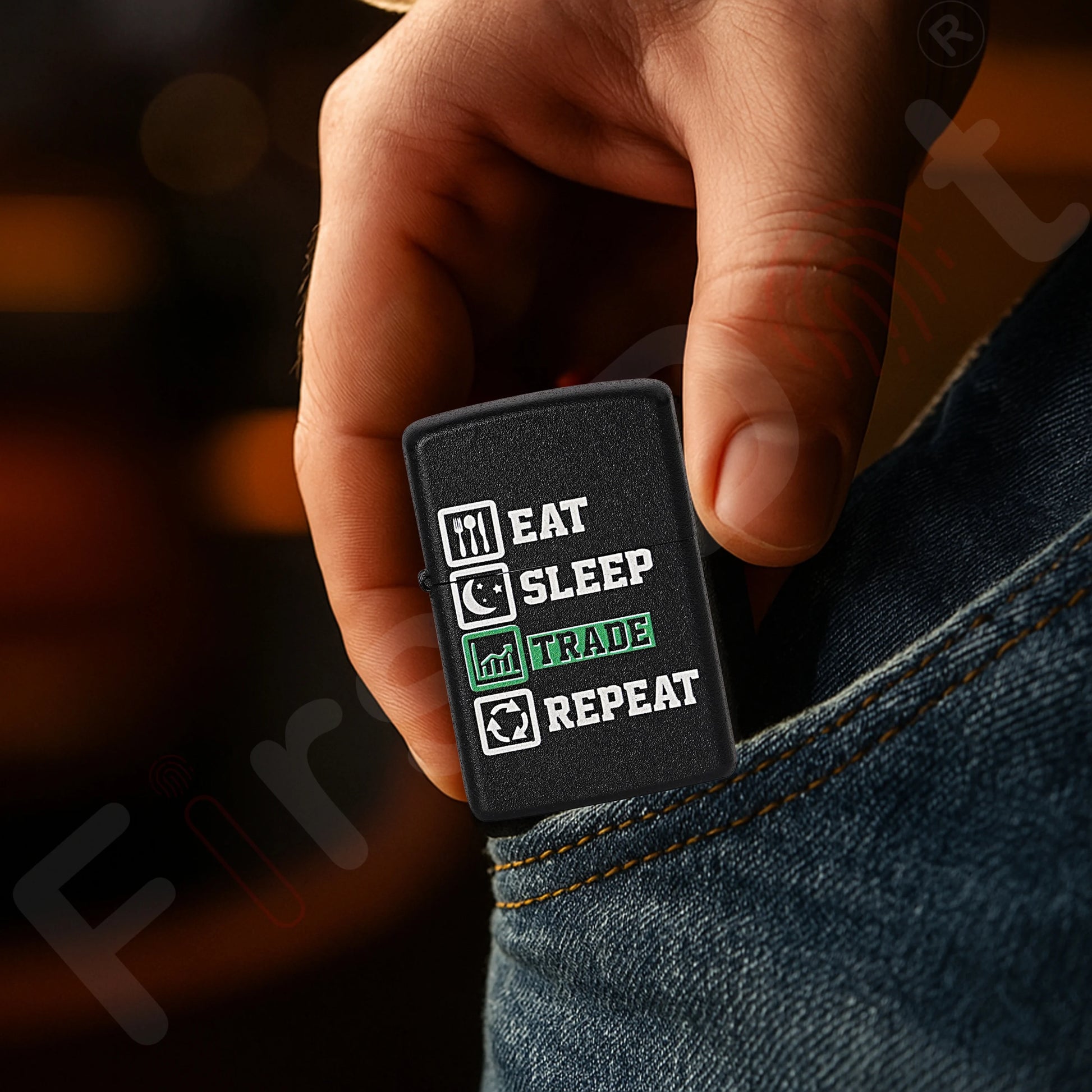 Hand holding a small black rectangular device with text 'EAT SLEEP TRADE REPEAT' against a blurred background. Eat Sleep Trade Repeat Refillable Cigarette Lighter