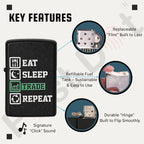 Black lighter with 'Eat Sleep Trade Repeat' text and key features highlighted on a white background. Eat Sleep Trade Repeat Refillable Cigarette Lighter
