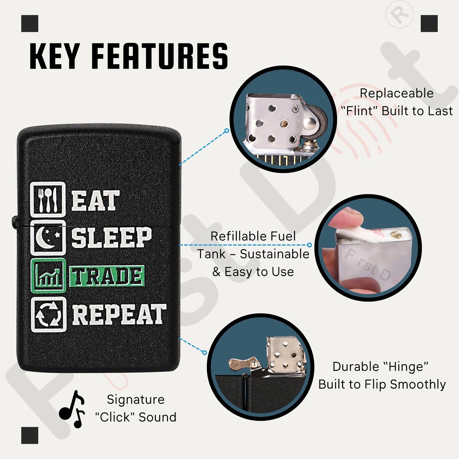 Black lighter with 'Eat Sleep Trade Repeat' text and key features highlighted on a white background. Eat Sleep Trade Repeat Refillable Cigarette Lighter