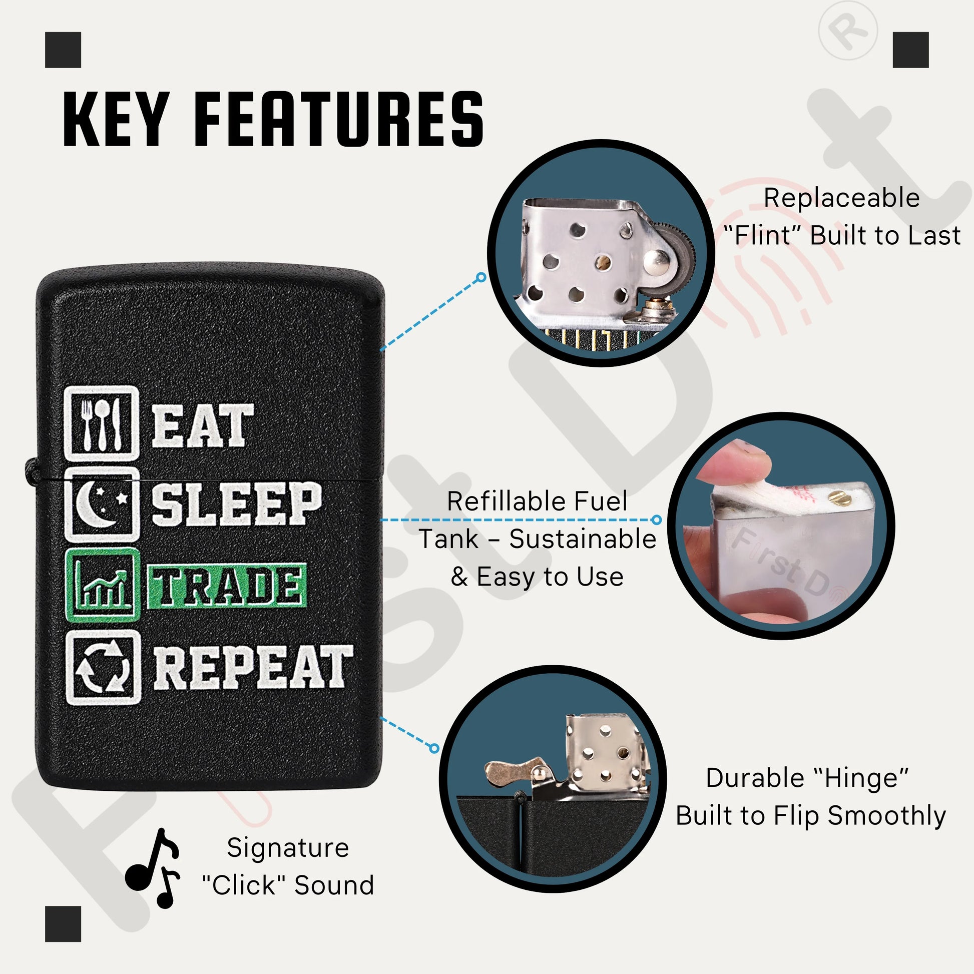 Black lighter with 'Eat Sleep Trade Repeat' text and key features highlighted on a white background. Eat Sleep Trade Repeat Refillable Cigarette Lighter