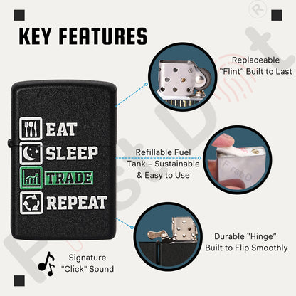 Black lighter with 'Eat Sleep Trade Repeat' text and key features highlighted on a white background. Eat Sleep Trade Repeat Refillable Cigarette Lighter