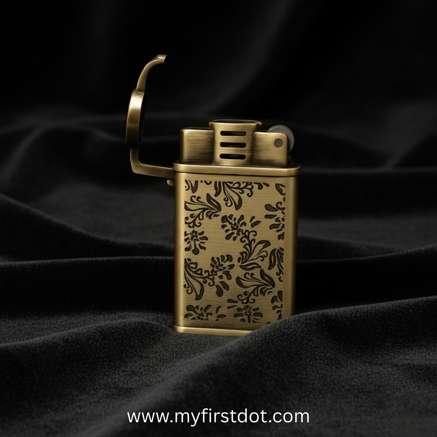 Bronze lighter with floral patterns on a dark fabric background Embossed Floral Pattern Slim Jet Fire Cigar Windproof Lighter