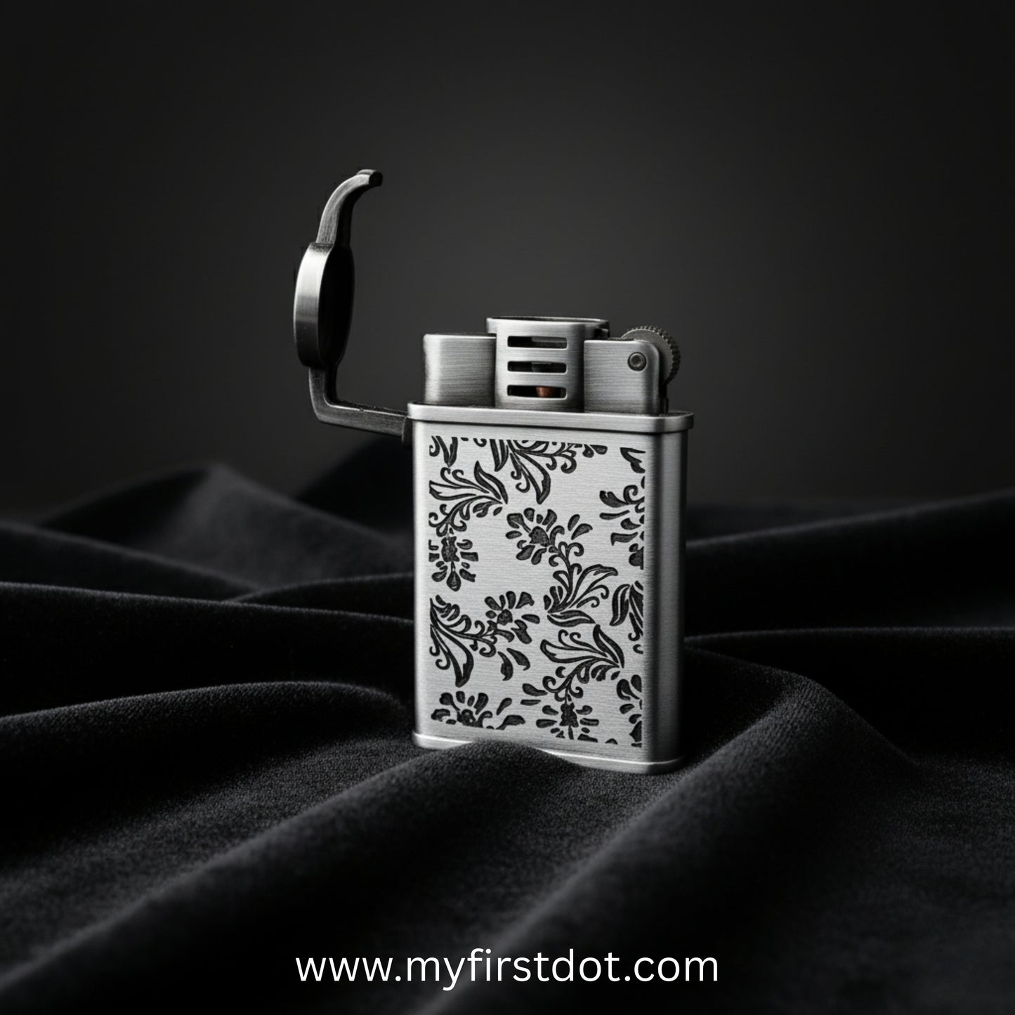 Decorative lighter with floral pattern on a dark fabric background