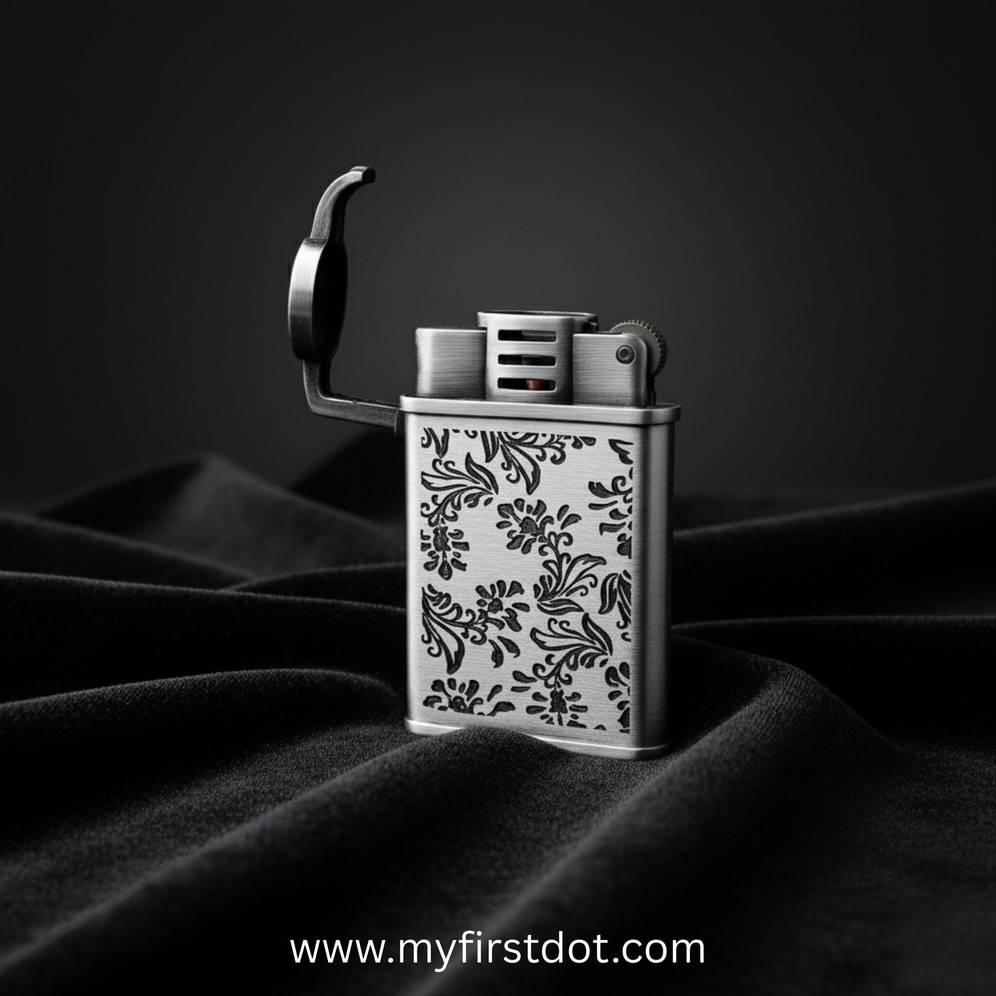 Decorative lighter with floral pattern on a dark fabric background