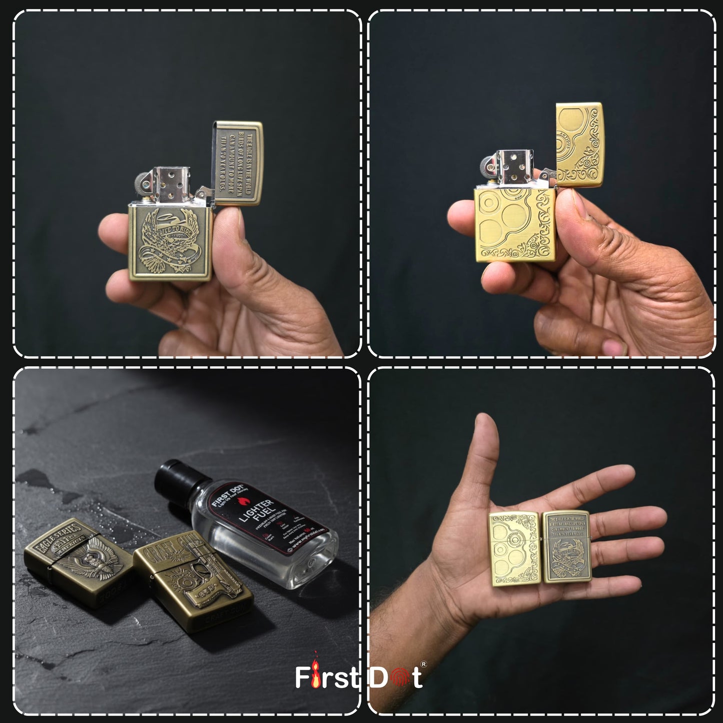 Collage of a hand holding lighters with intricate designs on a dark background.