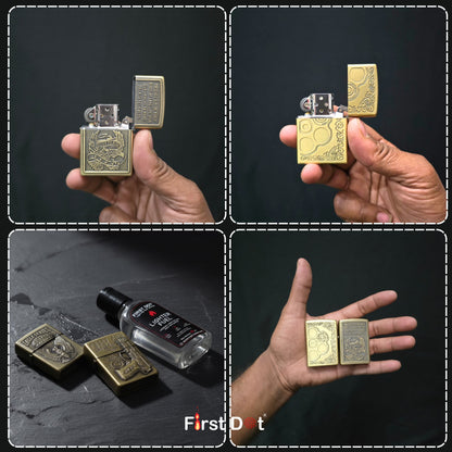 Collage of a hand holding lighters with intricate designs on a dark background.