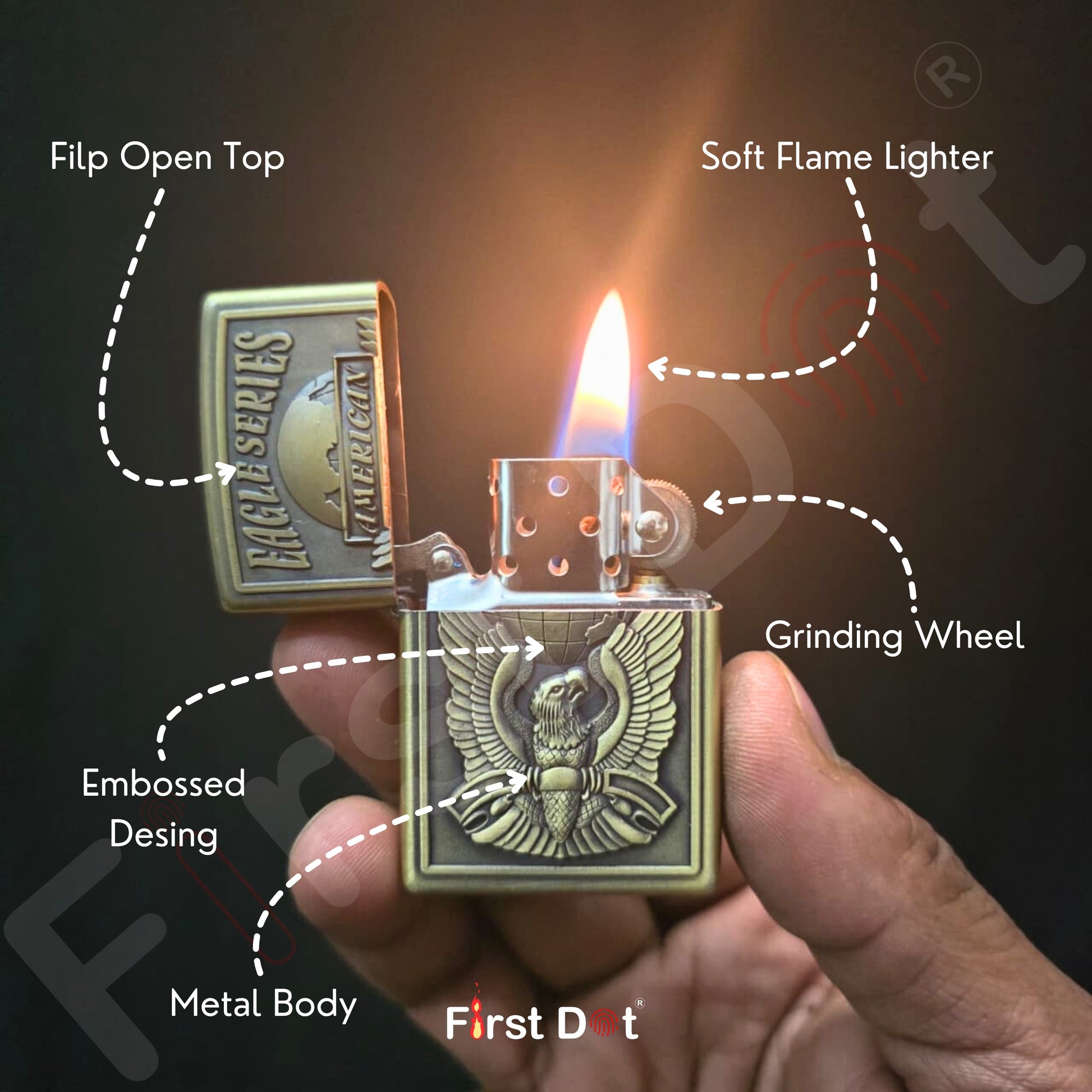 Lighter with labeled features held by a hand, brand 'First Dot' visible