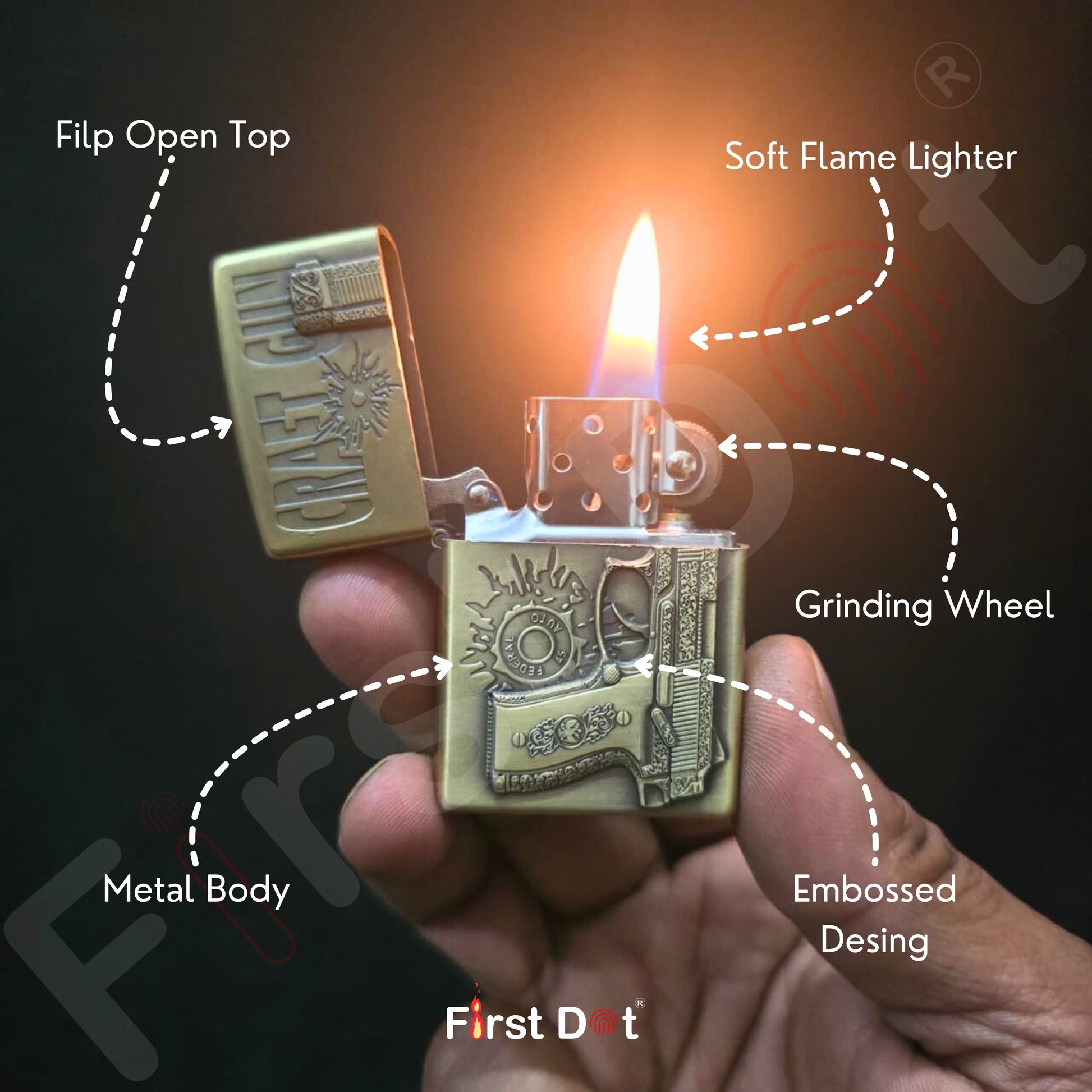 Gold lighter being held with labeled parts on a dark background