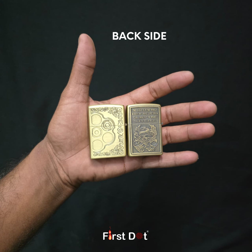 Two small lighter, likely metal cases, held in a hand with 'First Dot' branding.