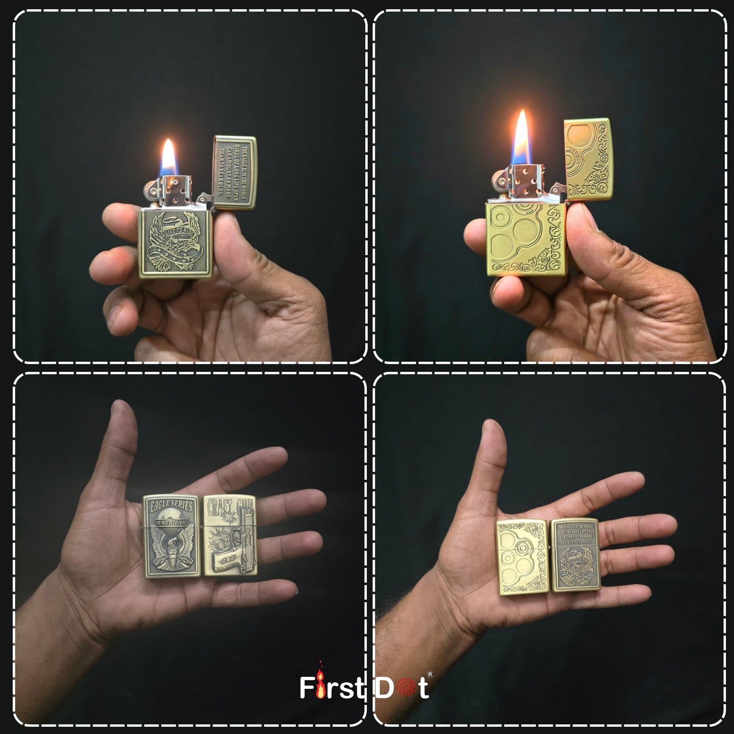 Collage of a hand holding a gold lighter with a lit flame against a black background.