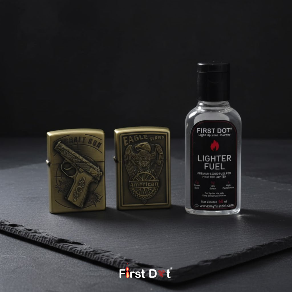 Combo of 2 Embossed Metal Cigarette Lighters + Free 50ml Fuel