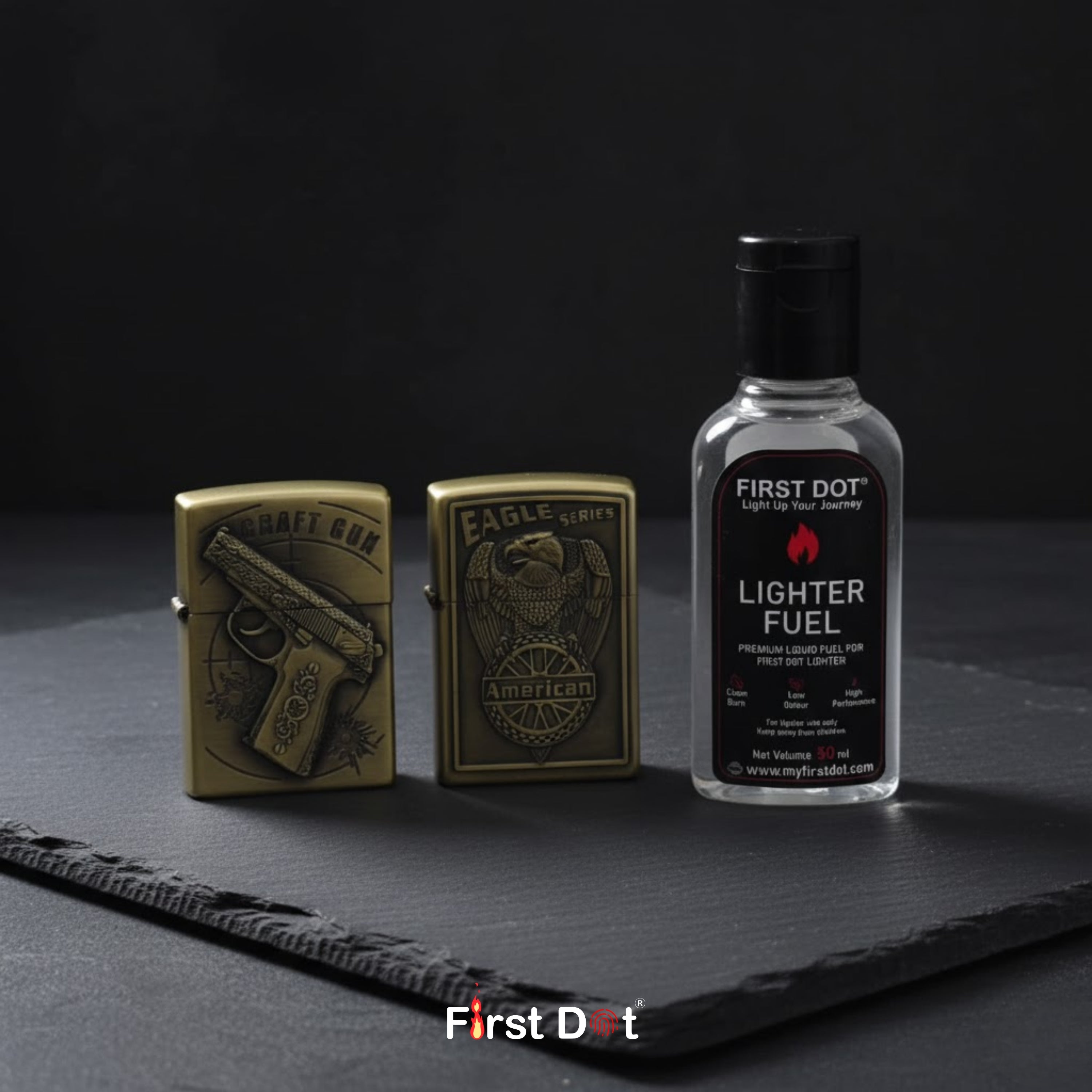 Combo of 2 Embossed Metal Cigarette Lighters + Free 50ml Fuel