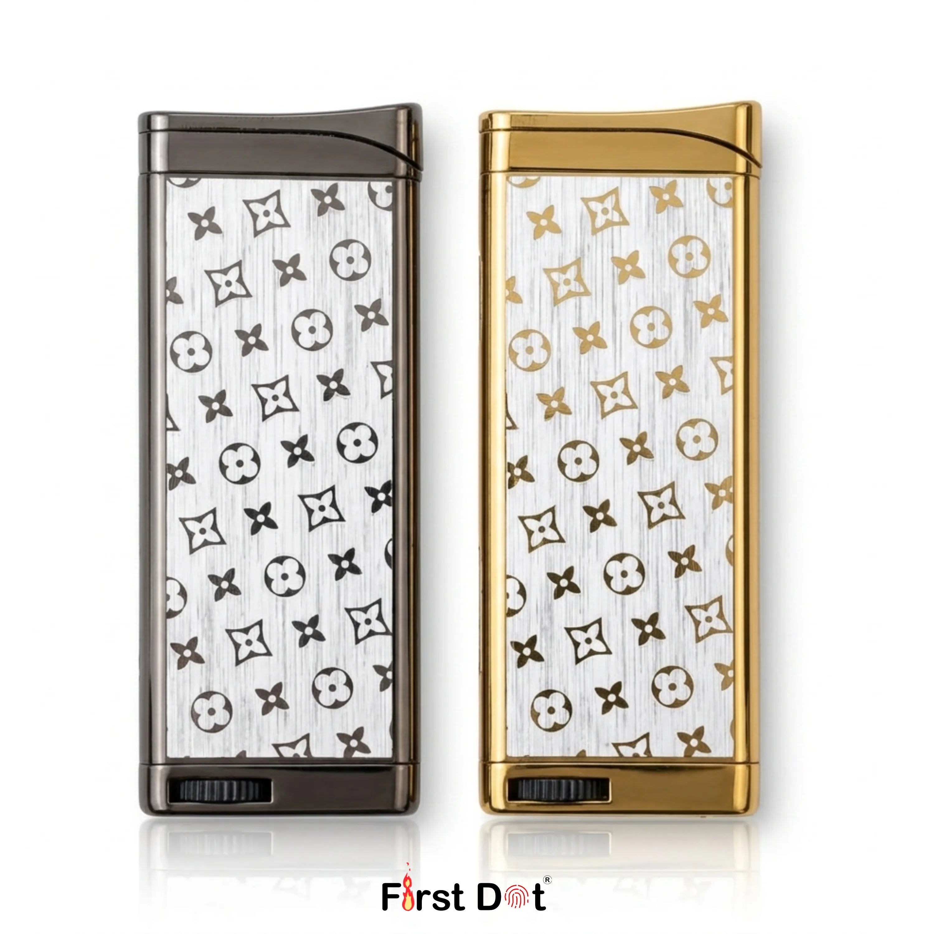 Two lighters, one black and one gold, with a patterned design on a white background. Brand 'First Dot' is visible.