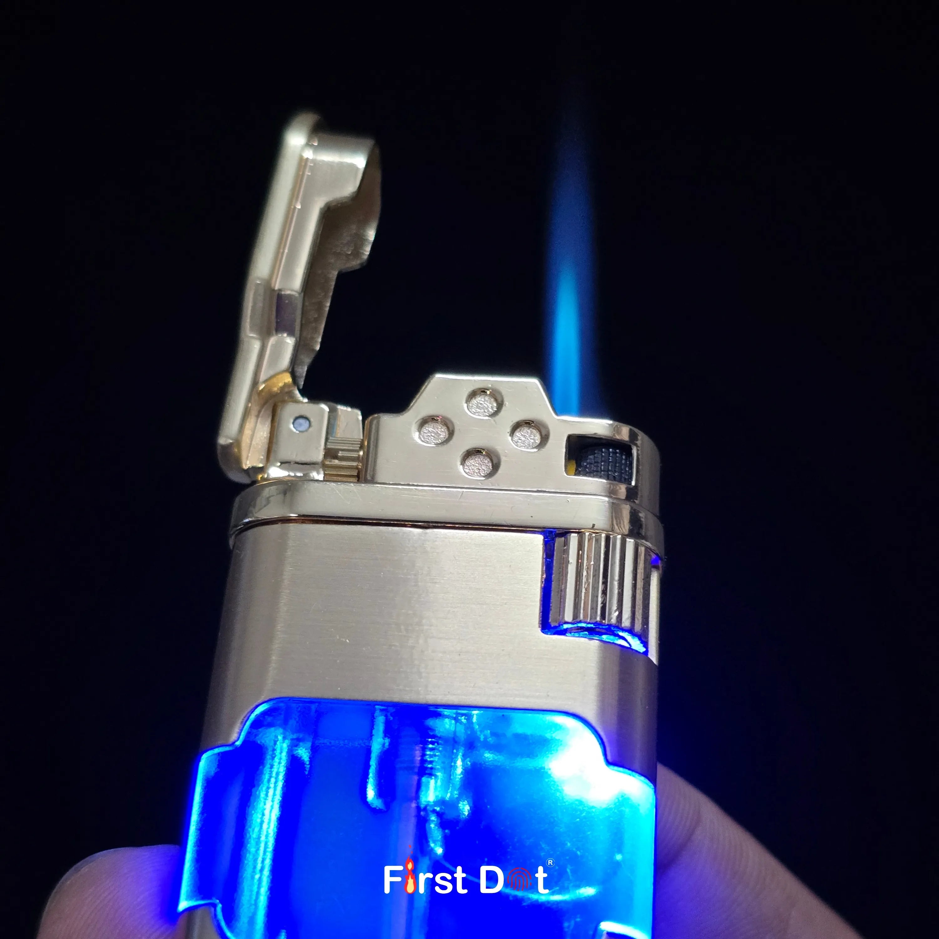First Dot AeroFlint Blue Jet Flame Lighter with LED Fuel Window