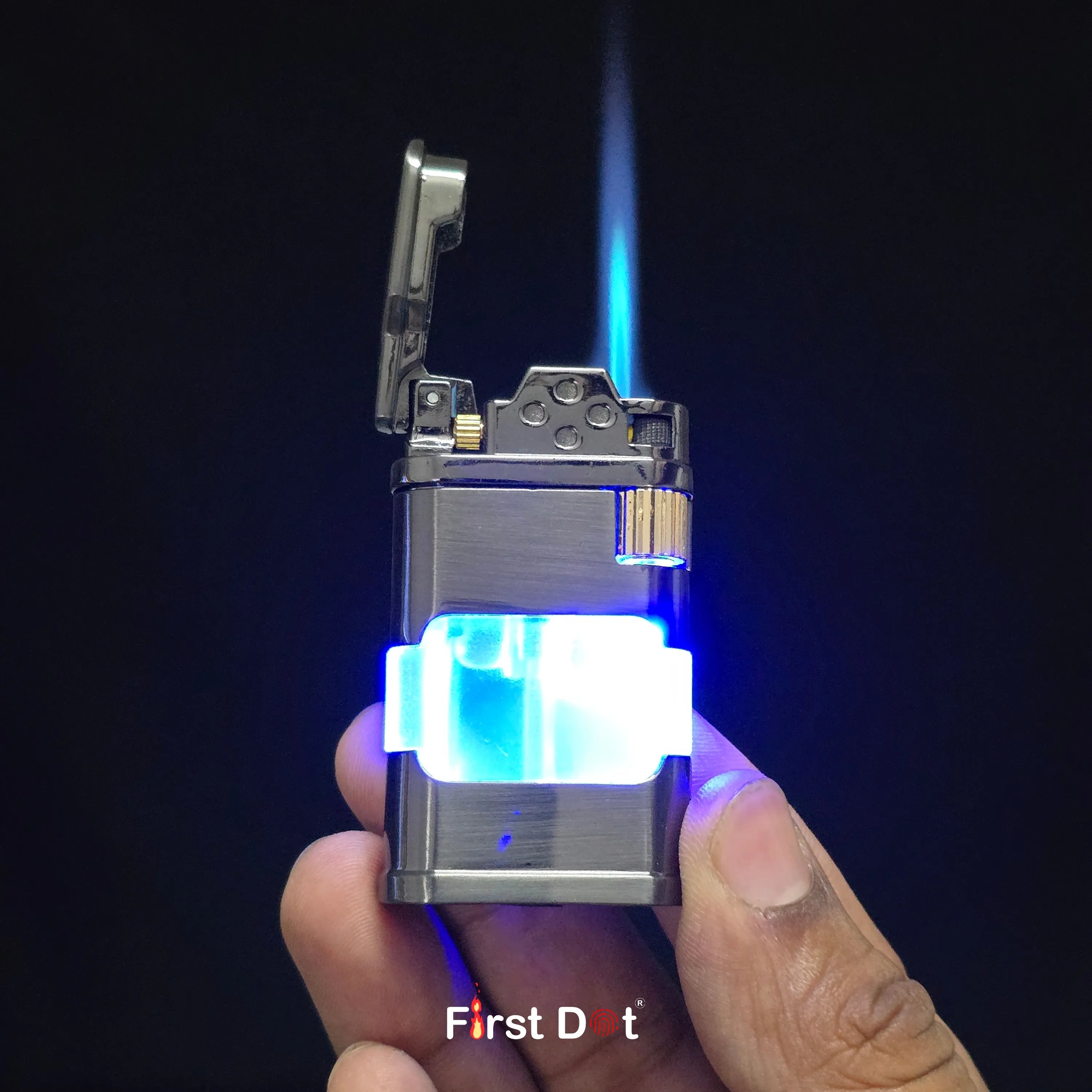 First Dot AeroFlint Blue Jet Flame Lighter with LED Fuel Window