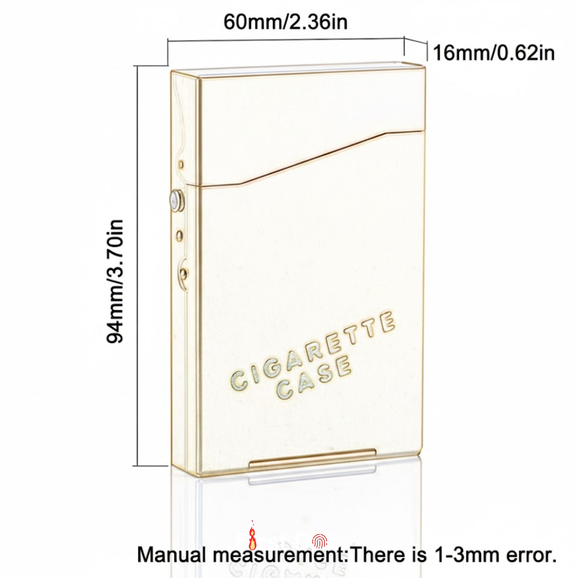 Gold cigarette case with dimensions labeled on a white background