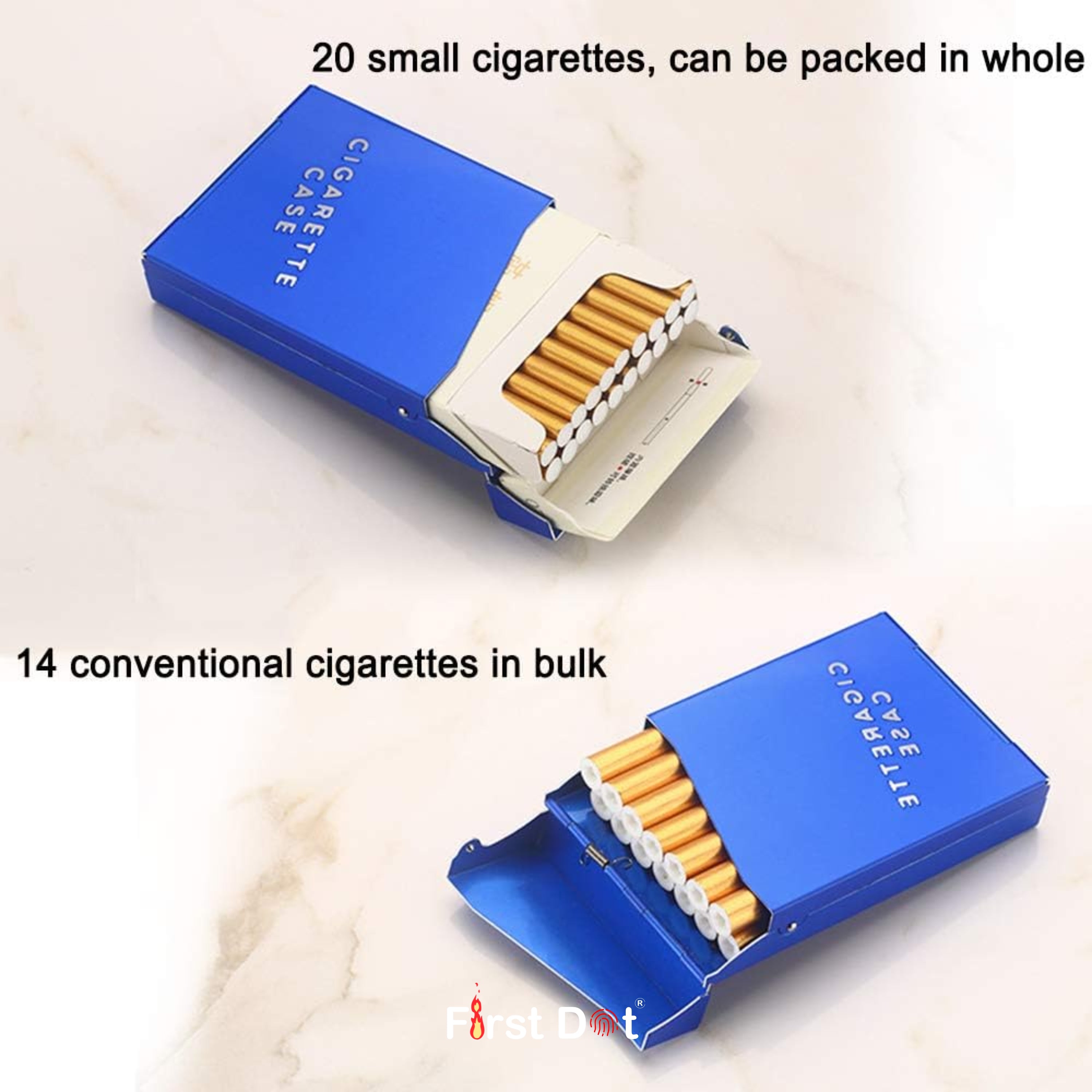 Blue cigarette cassette with small cigarettes and conventional cigarettes on a white background