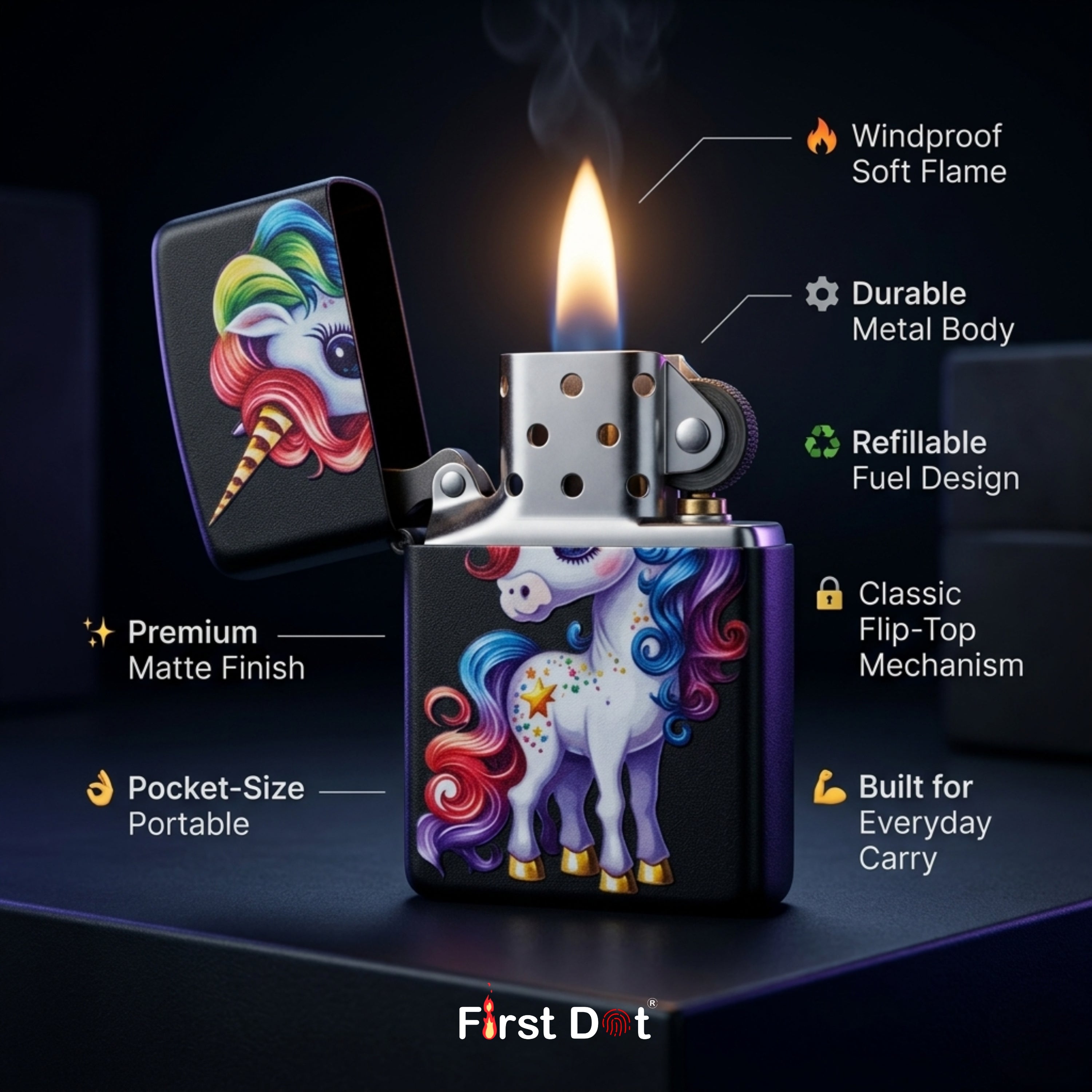 First Dot Anime Cute Rainbow Unicorn Windproof Cigarette Lighter