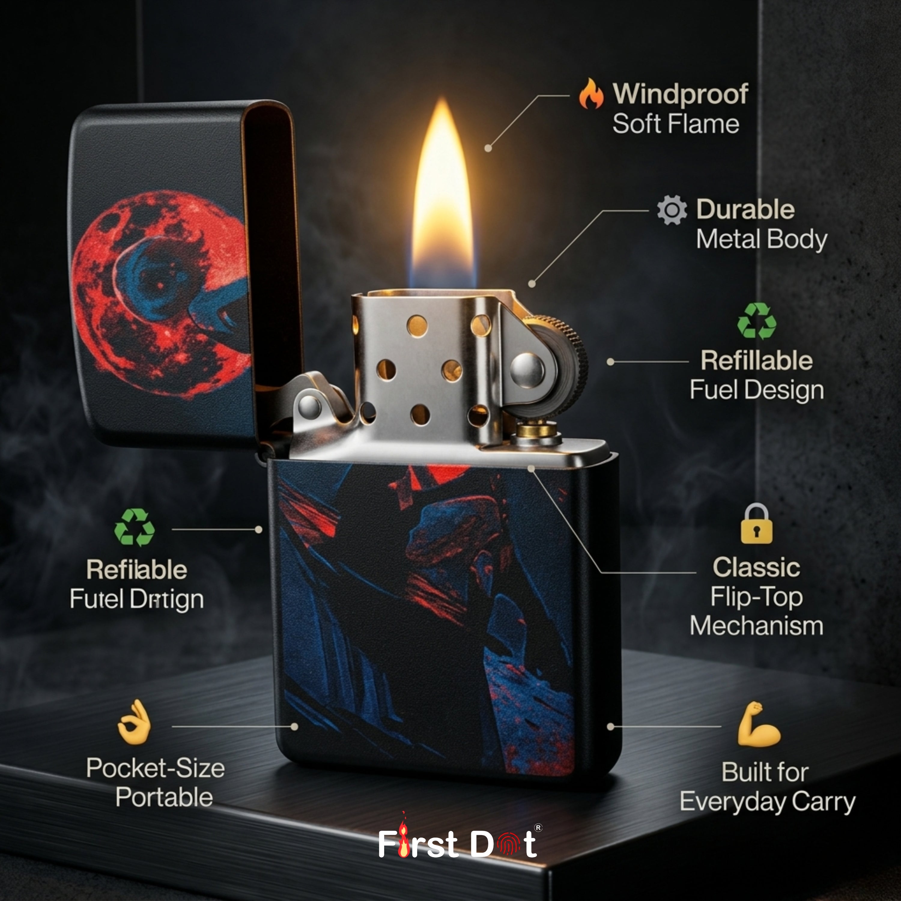 First Dot Anime Red Moon Windproof Cigarette Lighter