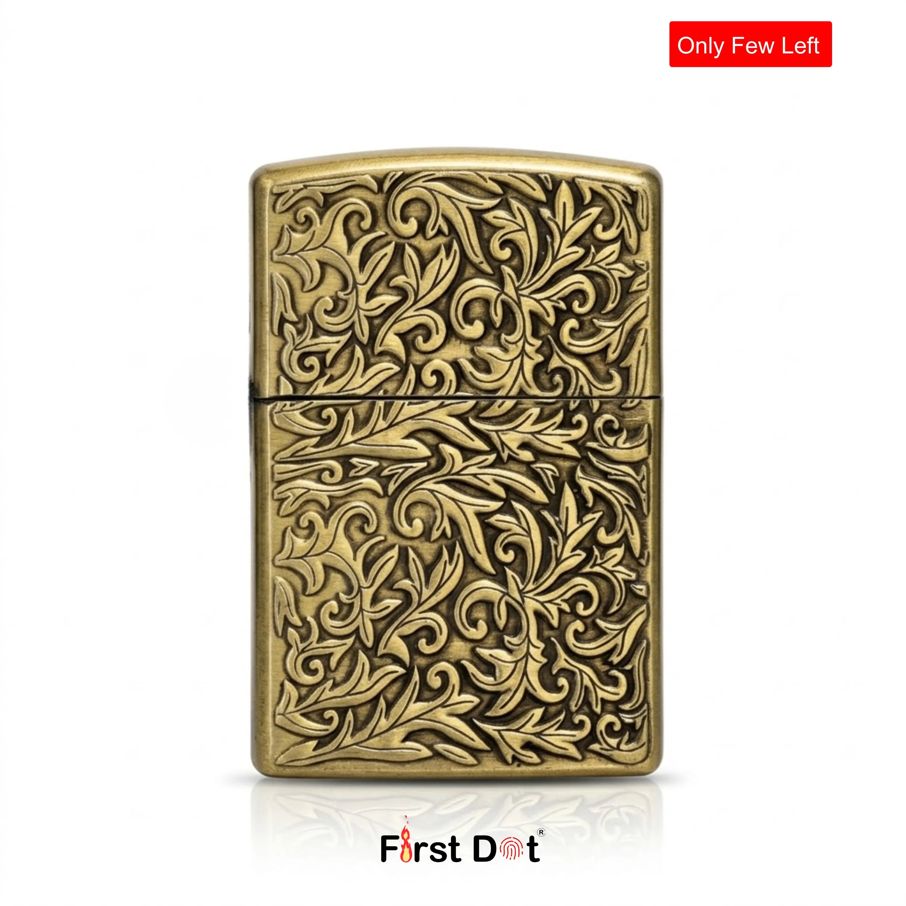 brass lighter with intricate patterns on a white background, featuring the 'First Dot' brand.