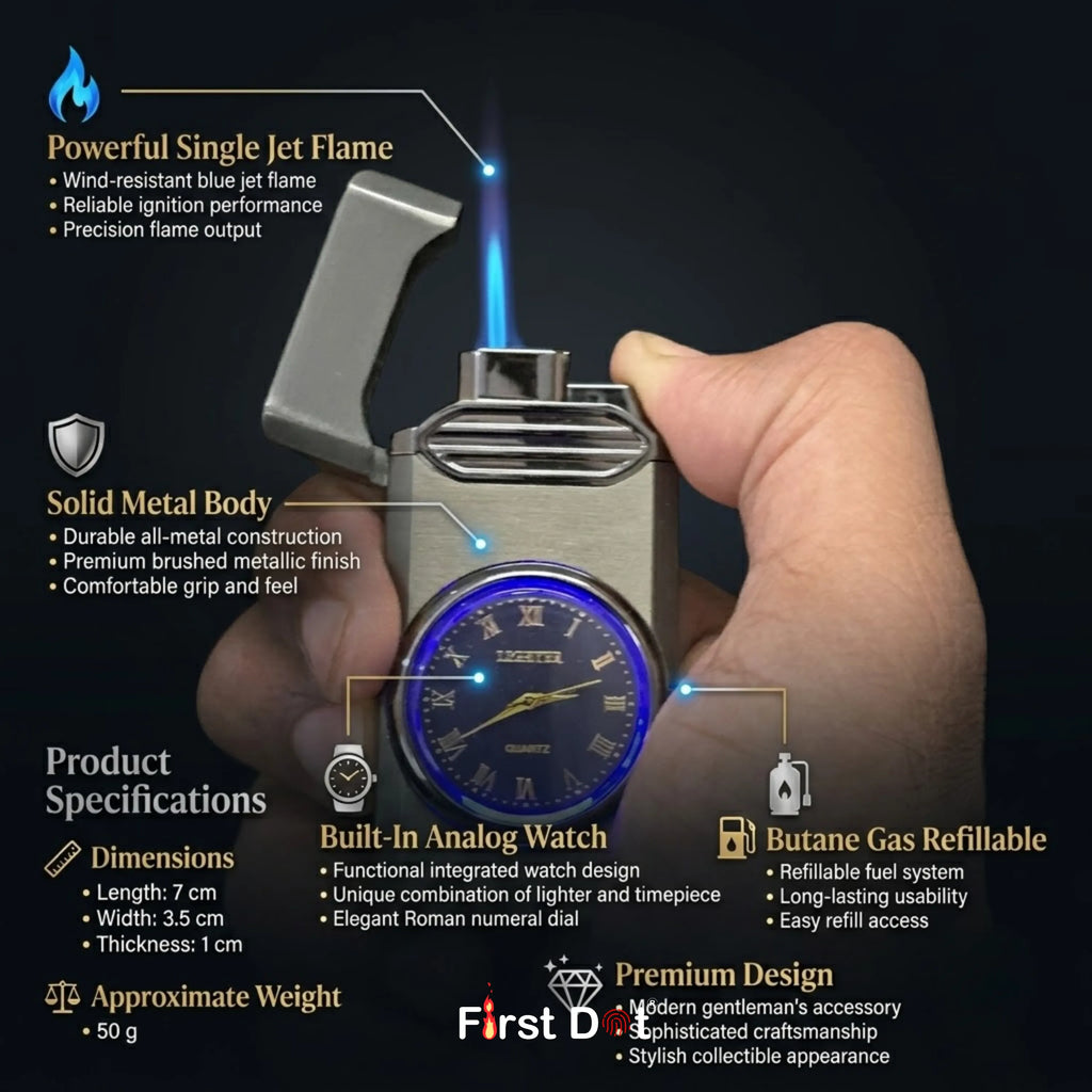 First Dot Aurum Jet Flame Lighter with Illuminated Watch Dial