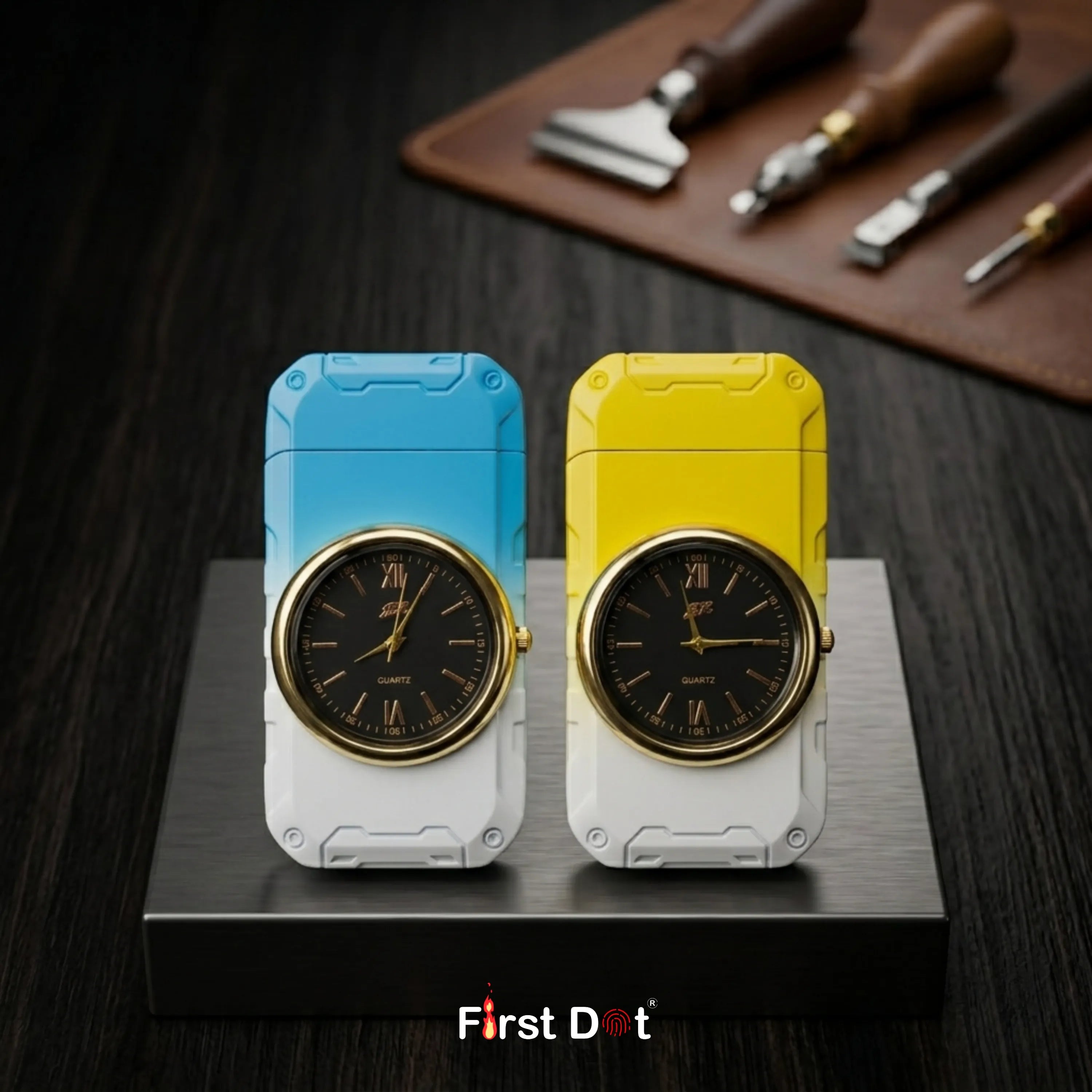 First Dot ChronoFlame Dual Flame Butane Lighter with Analog Watch