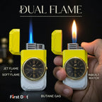 First Dot ChronoFlame Dual Flame Butane Lighter with Analog Watch