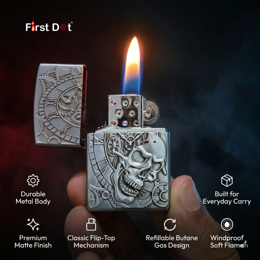 First Dot Chronos Mechanical Skull Classic Lighter | Flip-Top Lighter