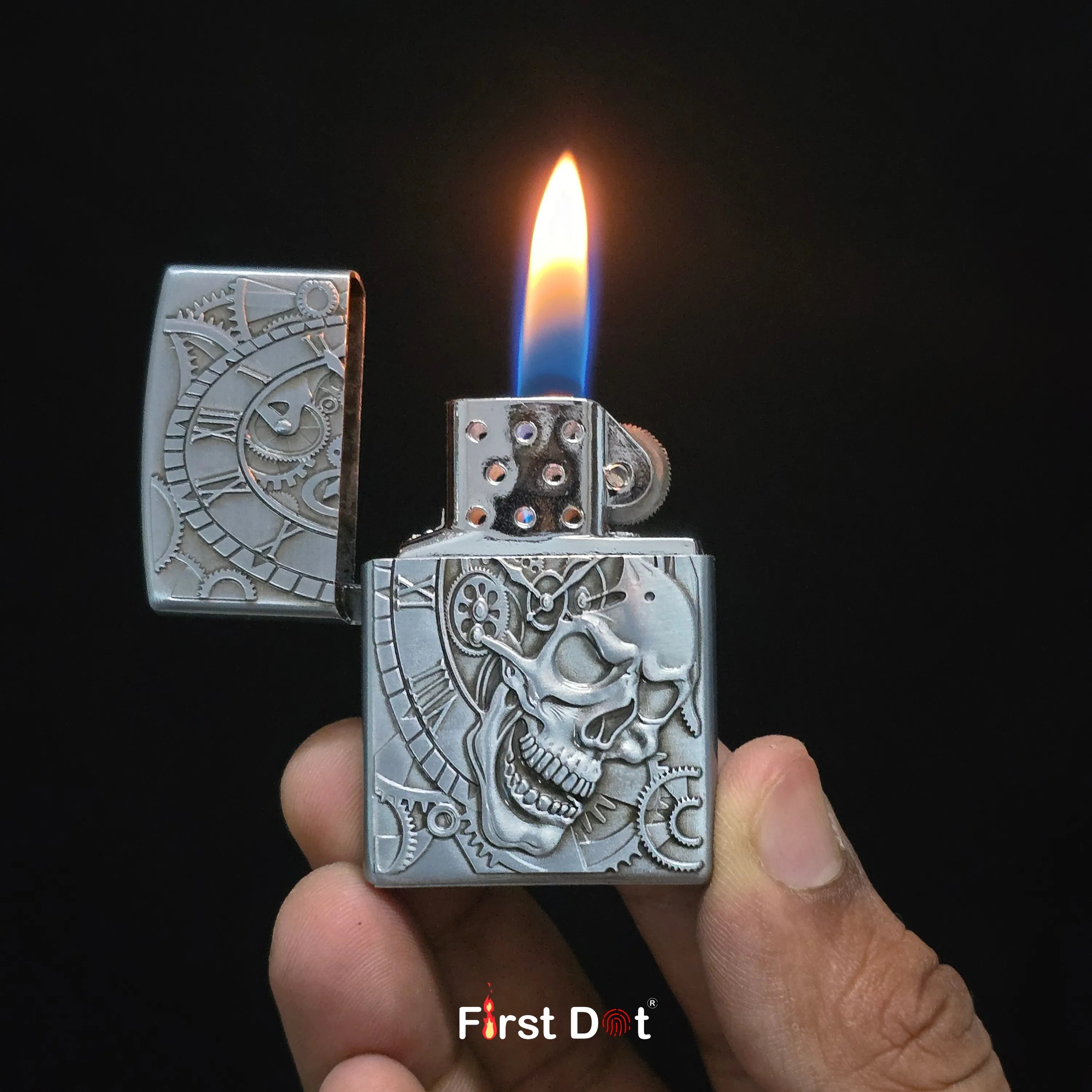 First Dot Chronos Mechanical Skull Classic Lighter | Flip-Top Lighter