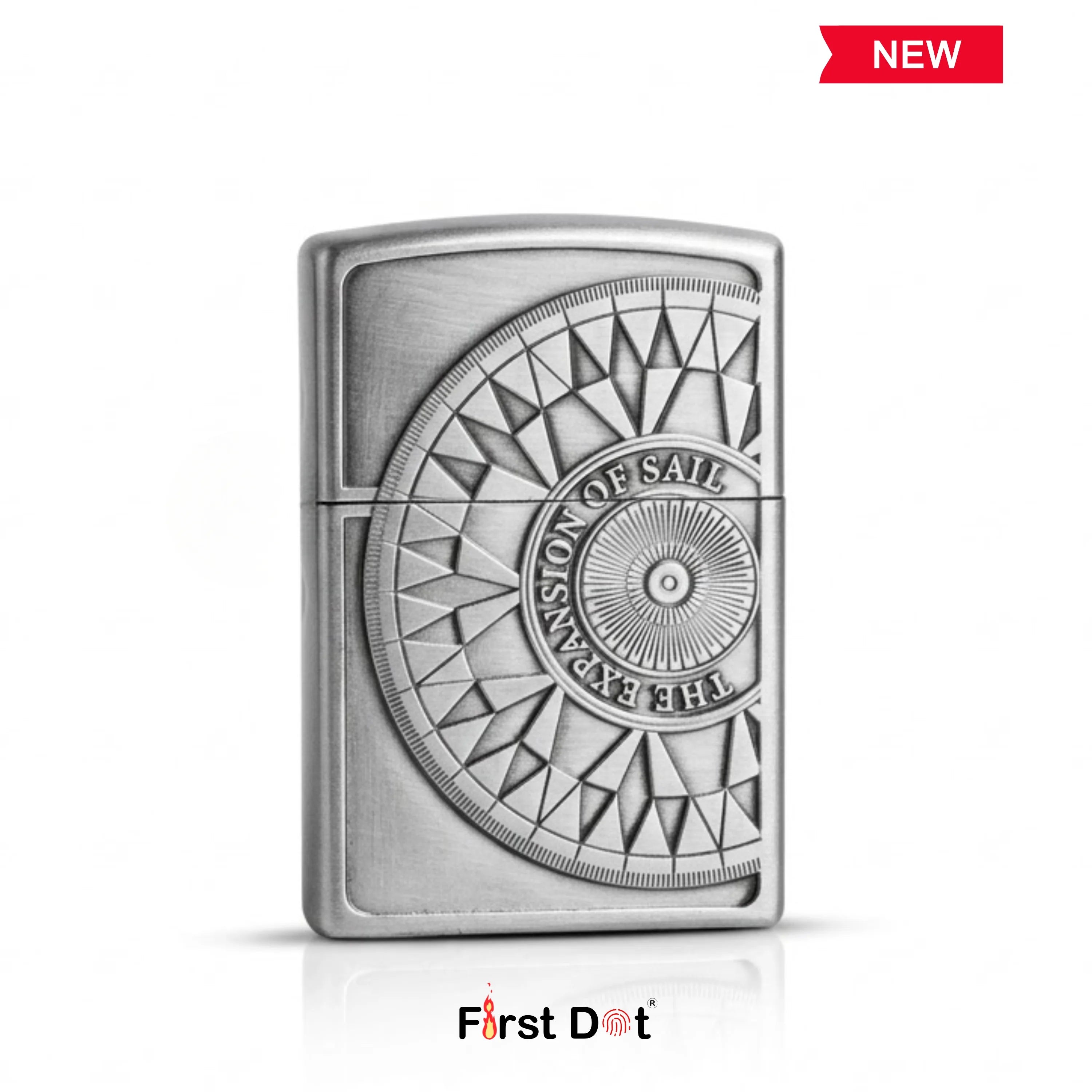 Metallic lighter with geometric design and 'First Dot' branding on a white background