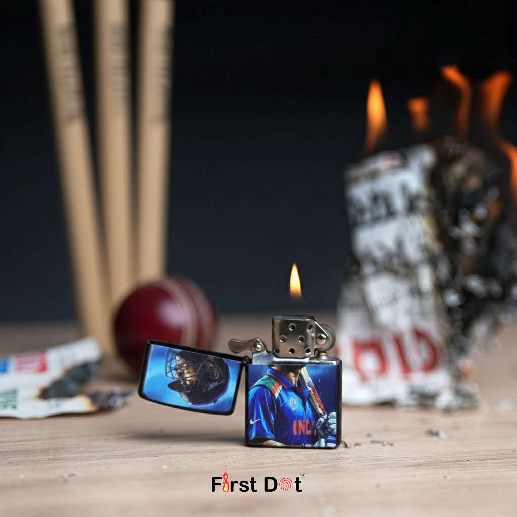 Lighter with a printed design on a wooden surface with a blurred background