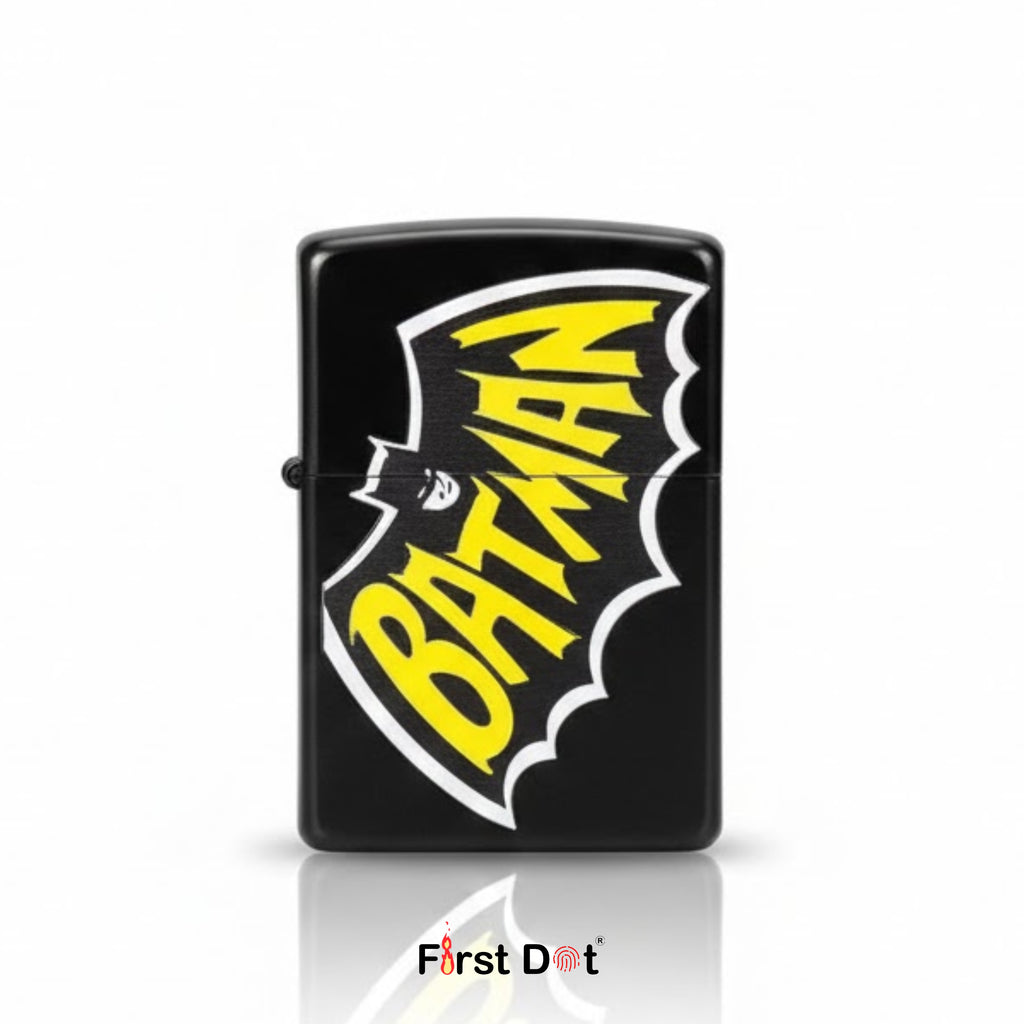 Batman logo on a black lighter with 'First Dot' branding.