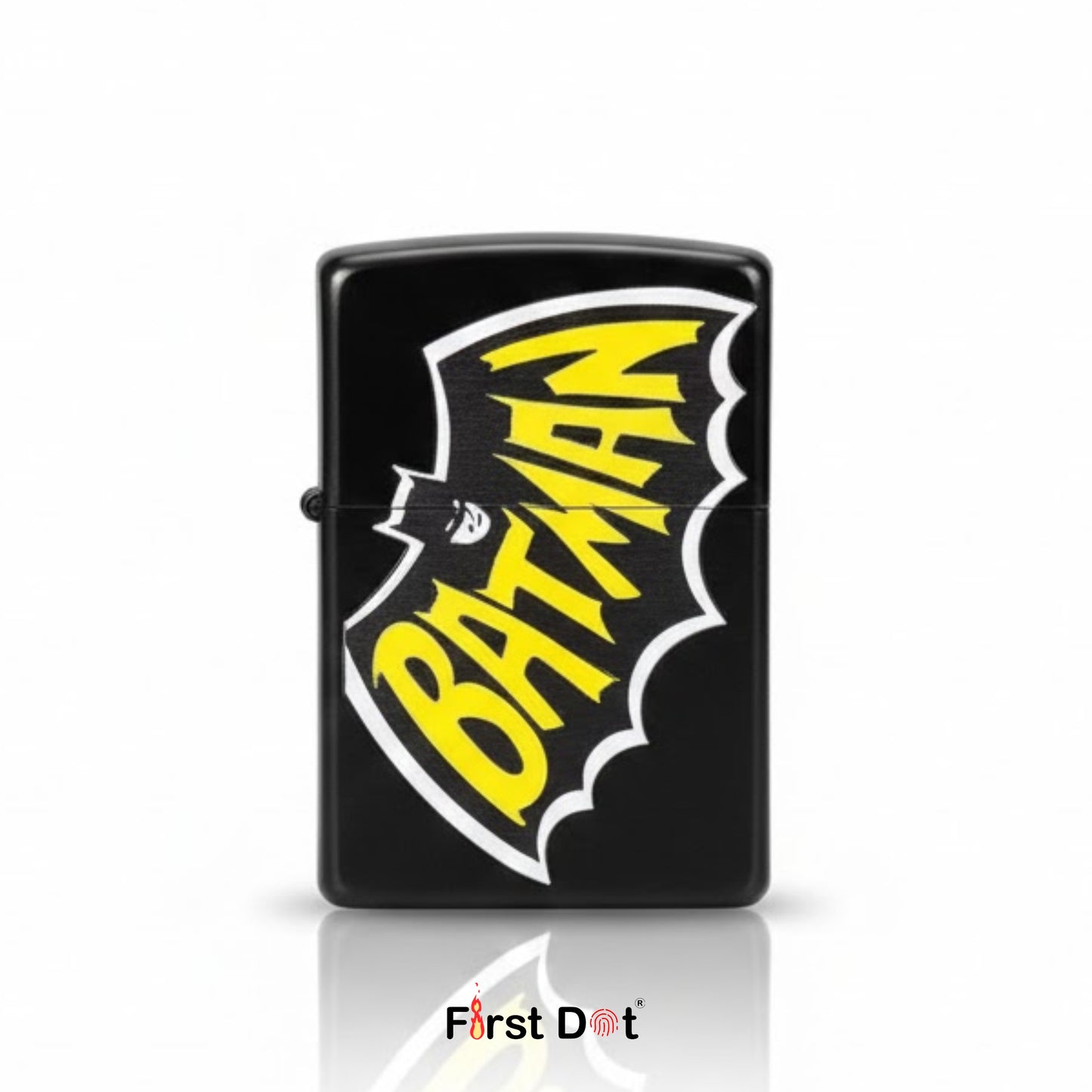 Batman logo on a black lighter with 'First Dot' branding.