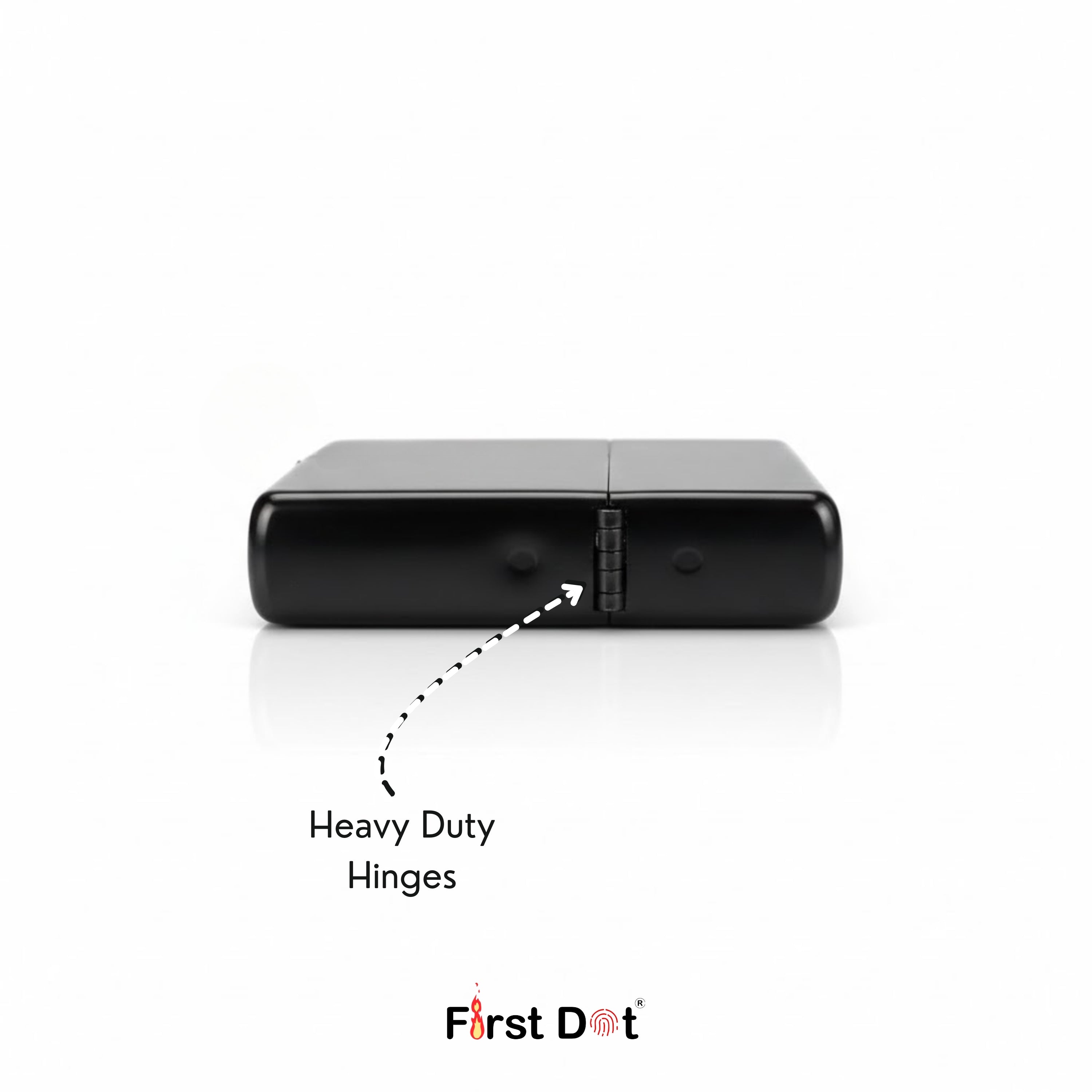 Black lighter with heavy-duty hinges on a white background, featuring the 'First Dot' brand.