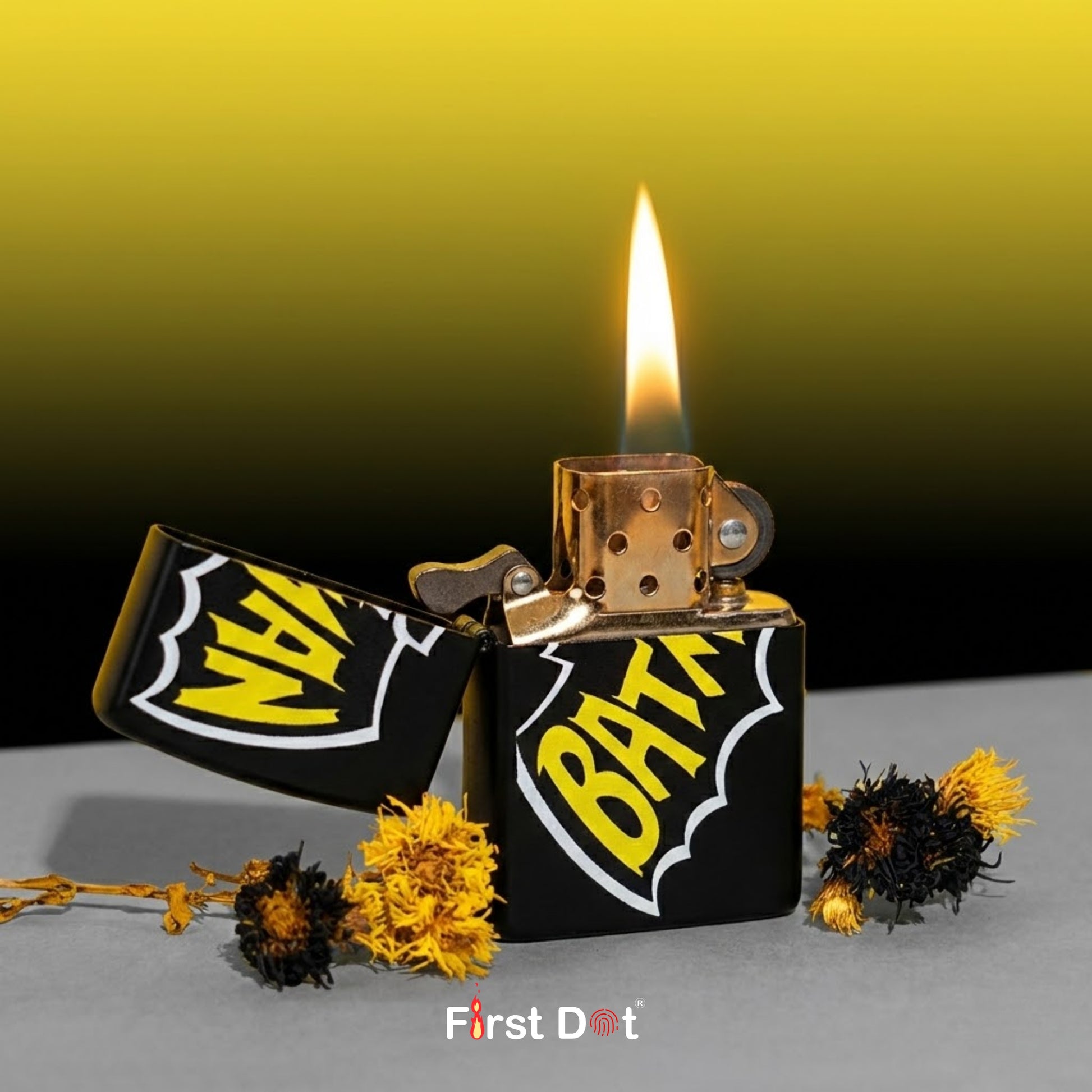Lighter with 'Batman' branding on a dark background