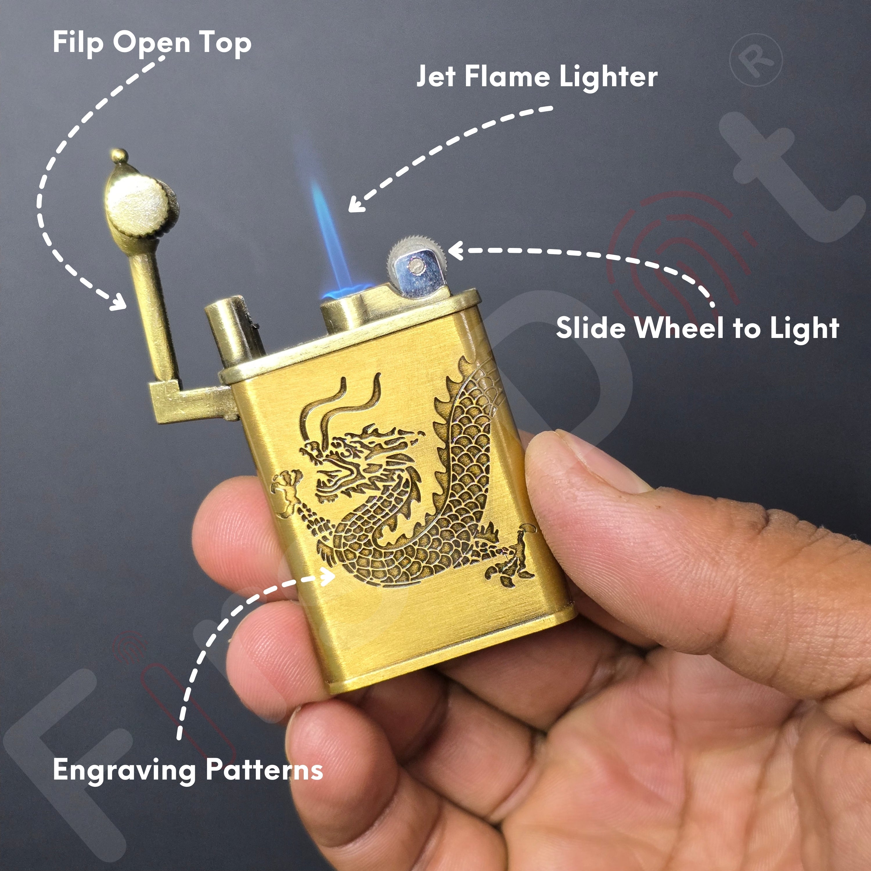 Dragon Embossed Pattern Slim Jet Fire Cigar Windproof Lighter