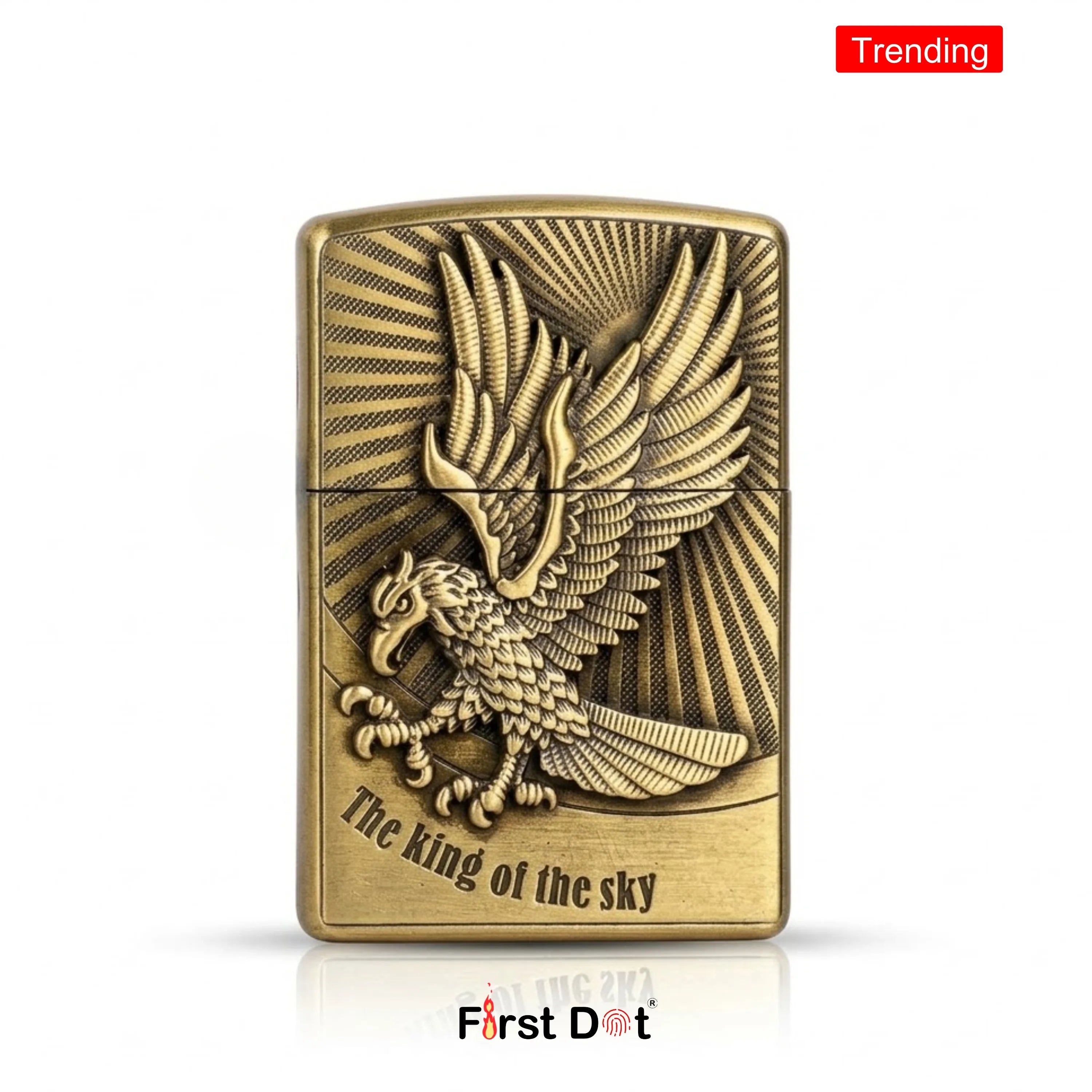 Bronze lighter with eagle design and 'The King of the Sky' text on a white background