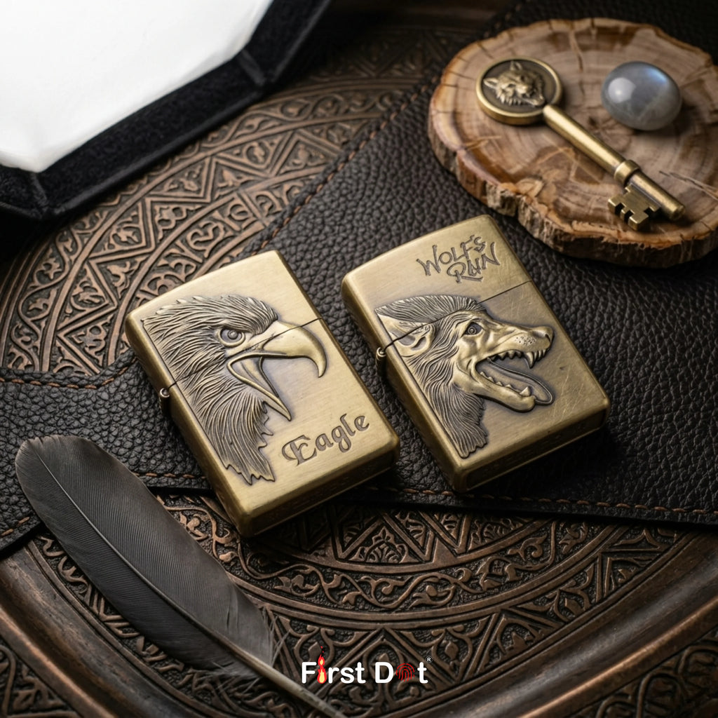 Two bronze lighters with eagle and wolf designs on a textured surface with 'First Dot' branding.