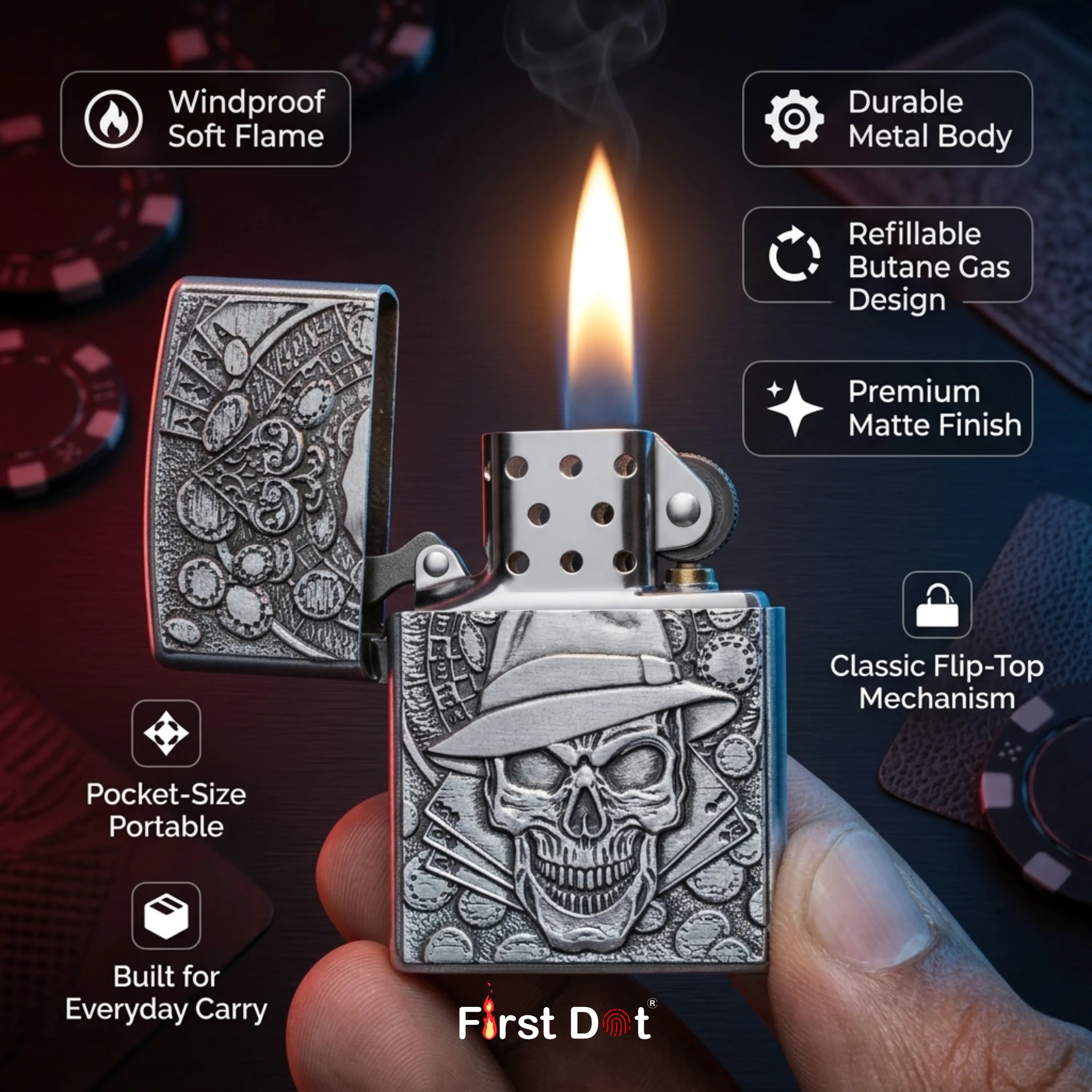 First Dot Gambling Skull Classic Windproof Lighter