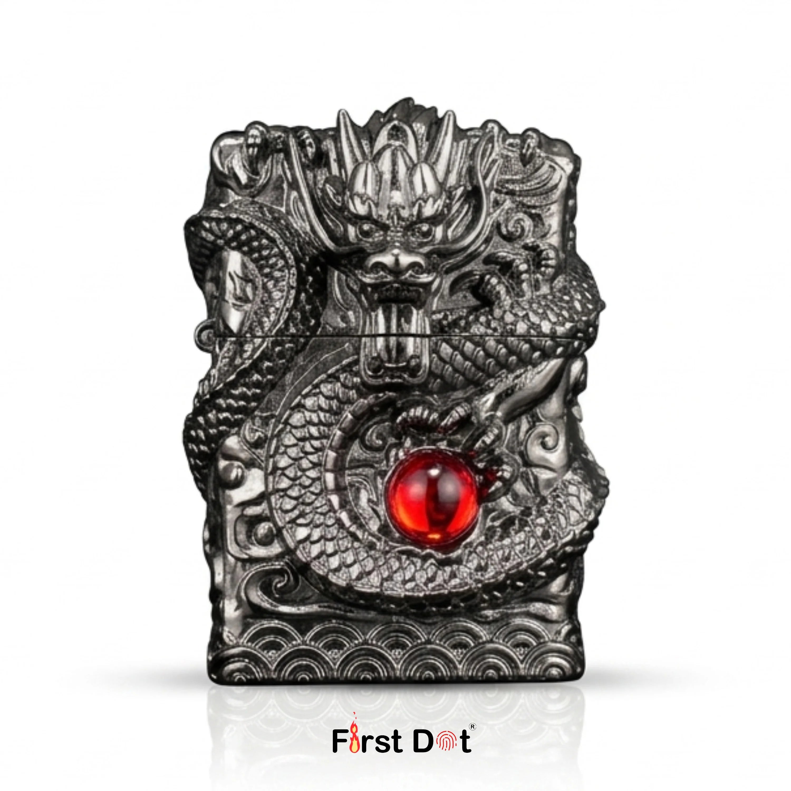 dragon lighter with a red gemstone on a white background, branded 'First Dot'. Vintage Cigarette Lighter
