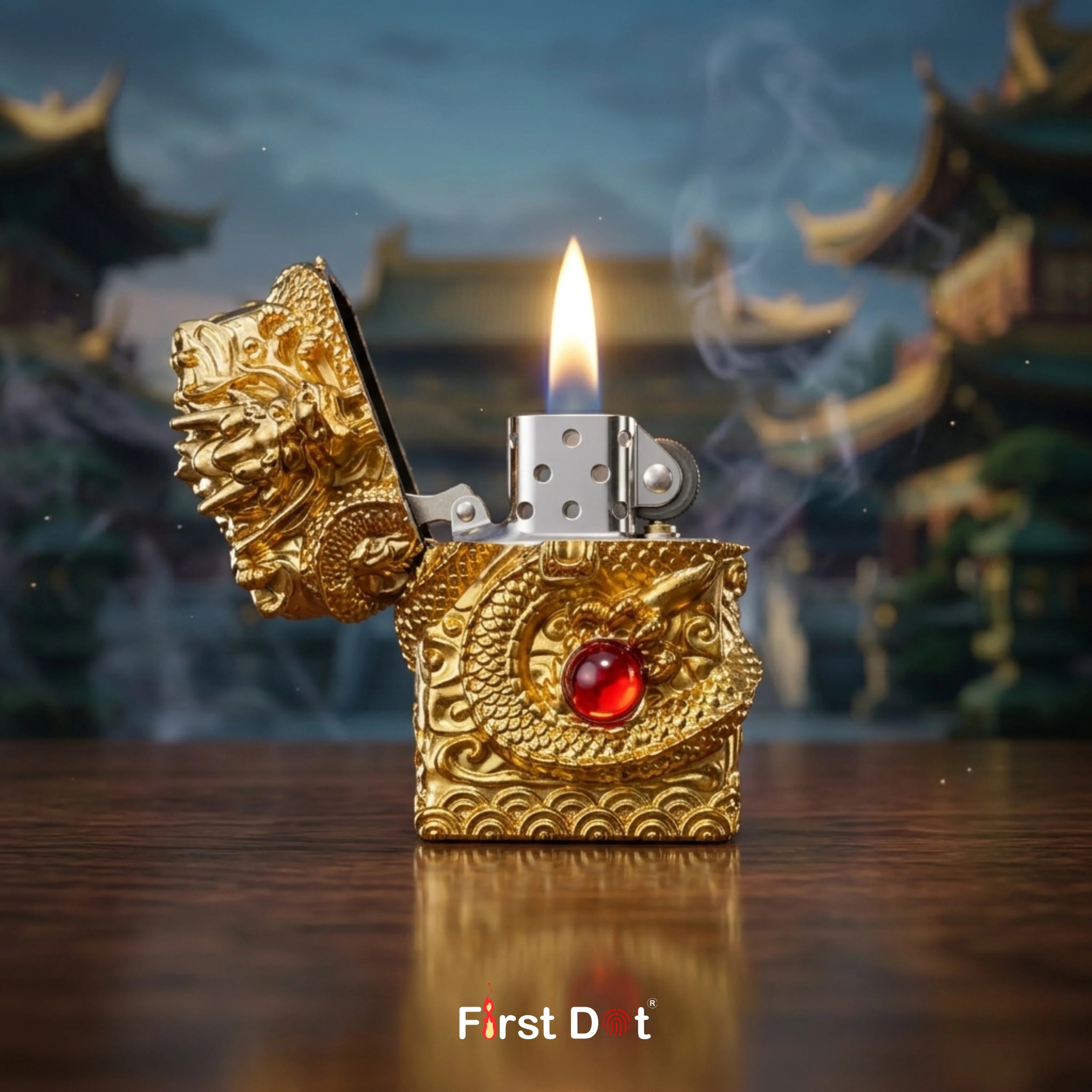 Gold dragon-shaped lighter with a red gem and lit flame against a blurred traditional Chinese architecture background.