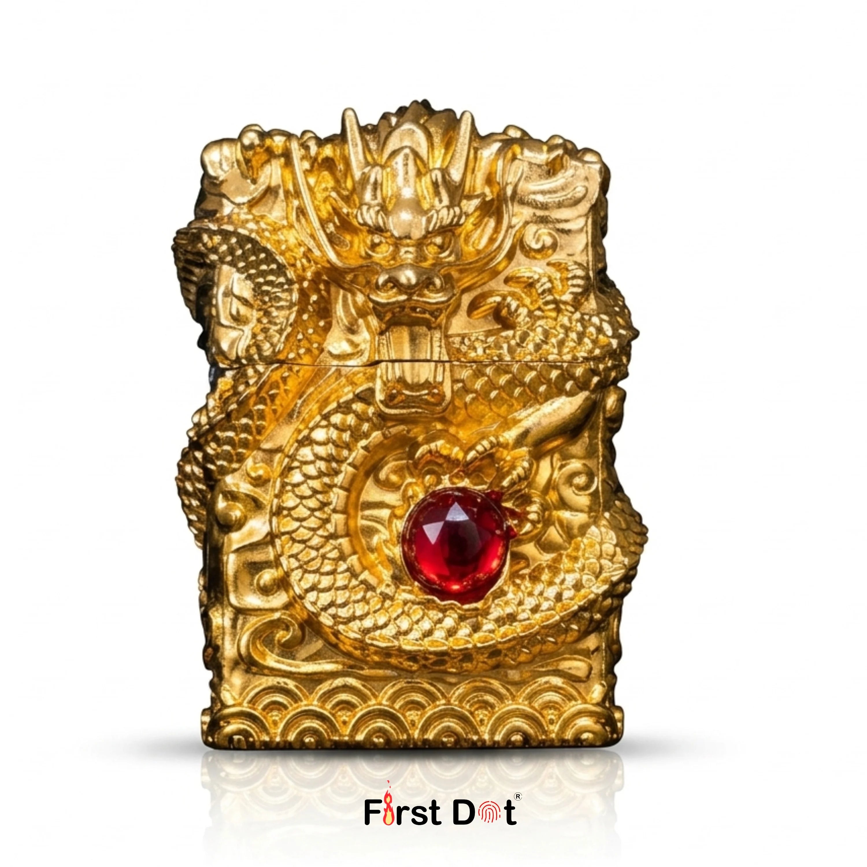 Gold dragon-shaped object with a red gemstone on a white background, branded 'First Dot'. Vintage Cigarette Lighter