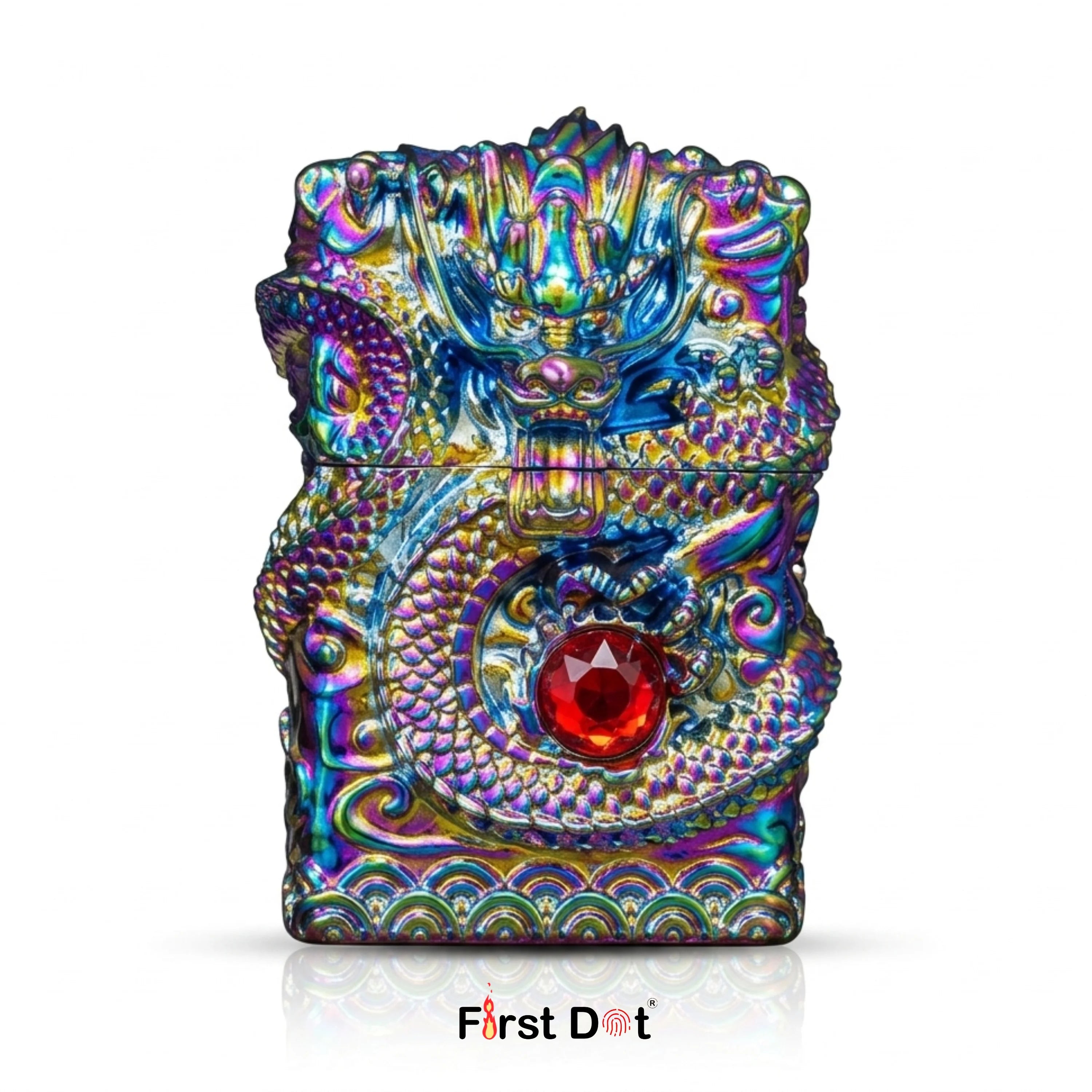 Multicolored dragon-shaped Vintage Cigarette Lighter with a red gem on a white background, branded 'First Dot'.