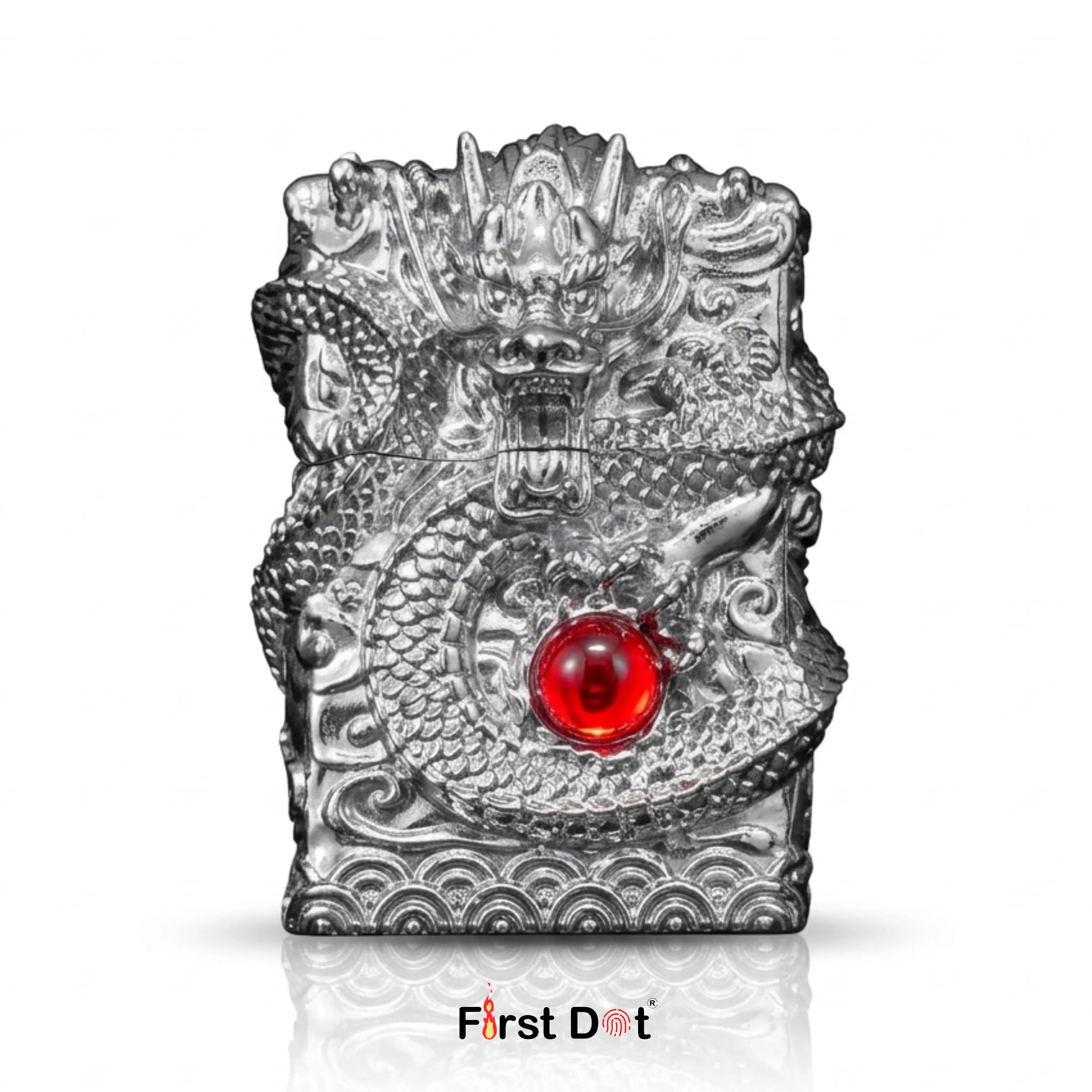dragon Vintage Cigarette Lighter with a red gem on a white background, branded 'First Dot'.