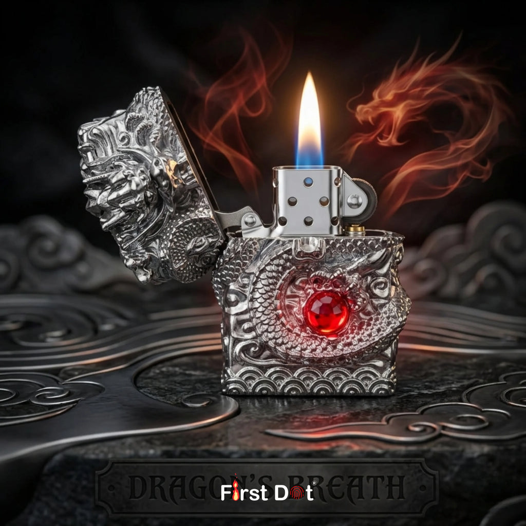 Vintage Cigarette lighter with dragon design and red gem on a dark background